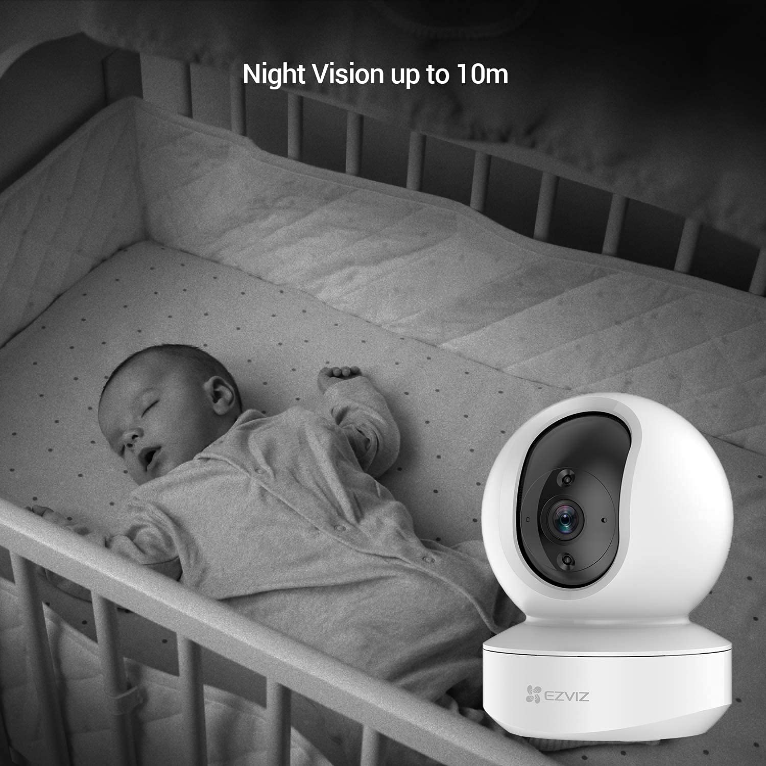Bébé dormant dans un berceau, caméra de sécurité blanche au premier plan. Texte : Vision nocturne jusqu'à 10m.