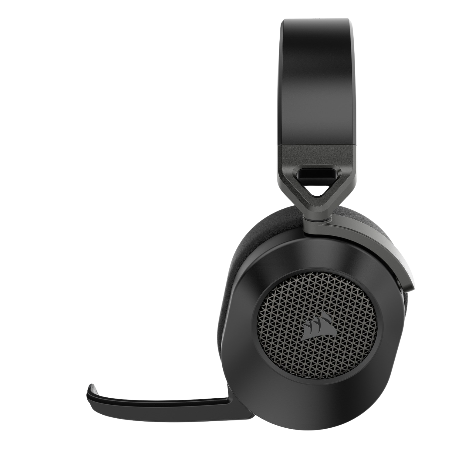 Black gaming headset with a microphone. The ear cup has a mesh design with a Corsair logo.