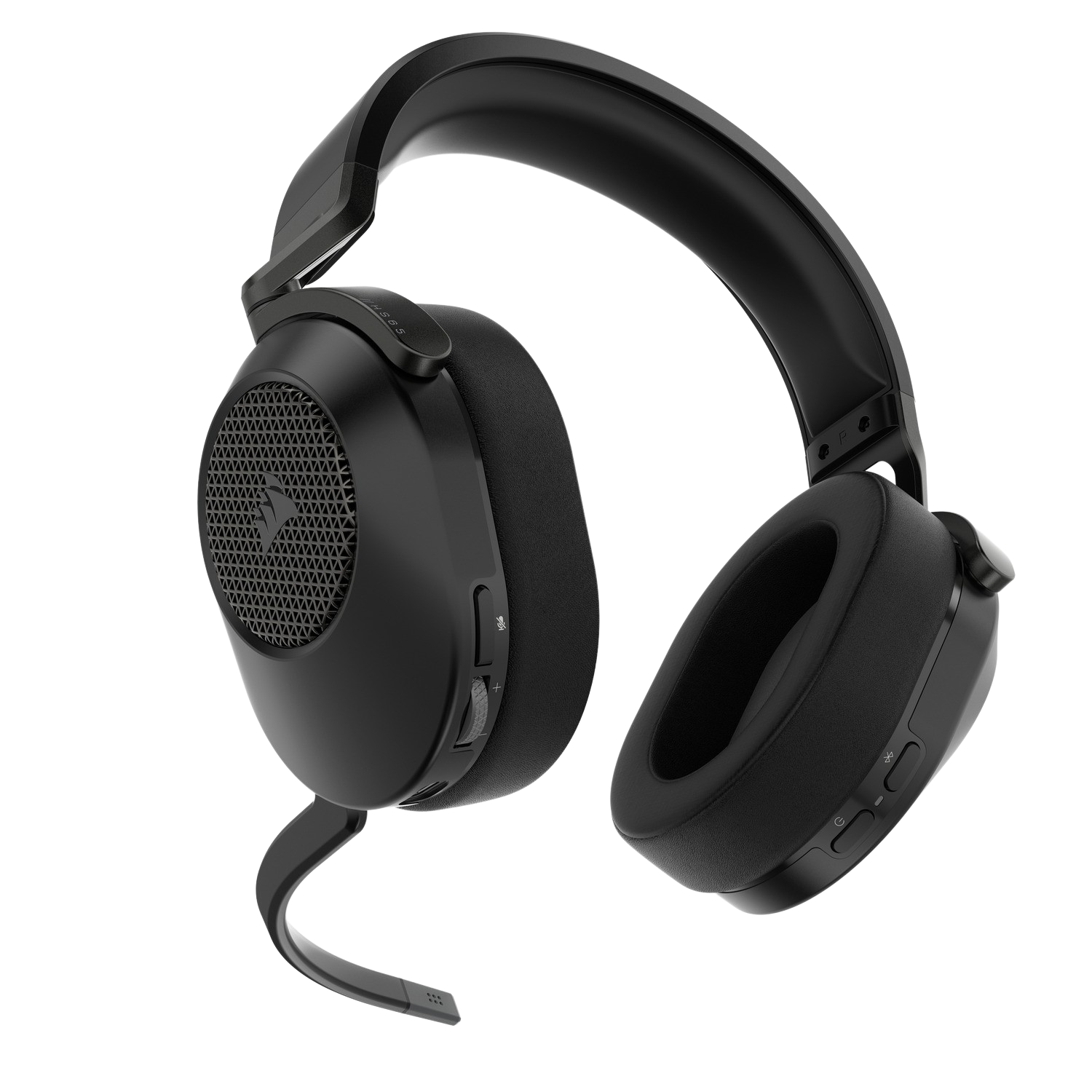Black headphones with a microphone. The earcups have a mesh design. Volume control on the side.