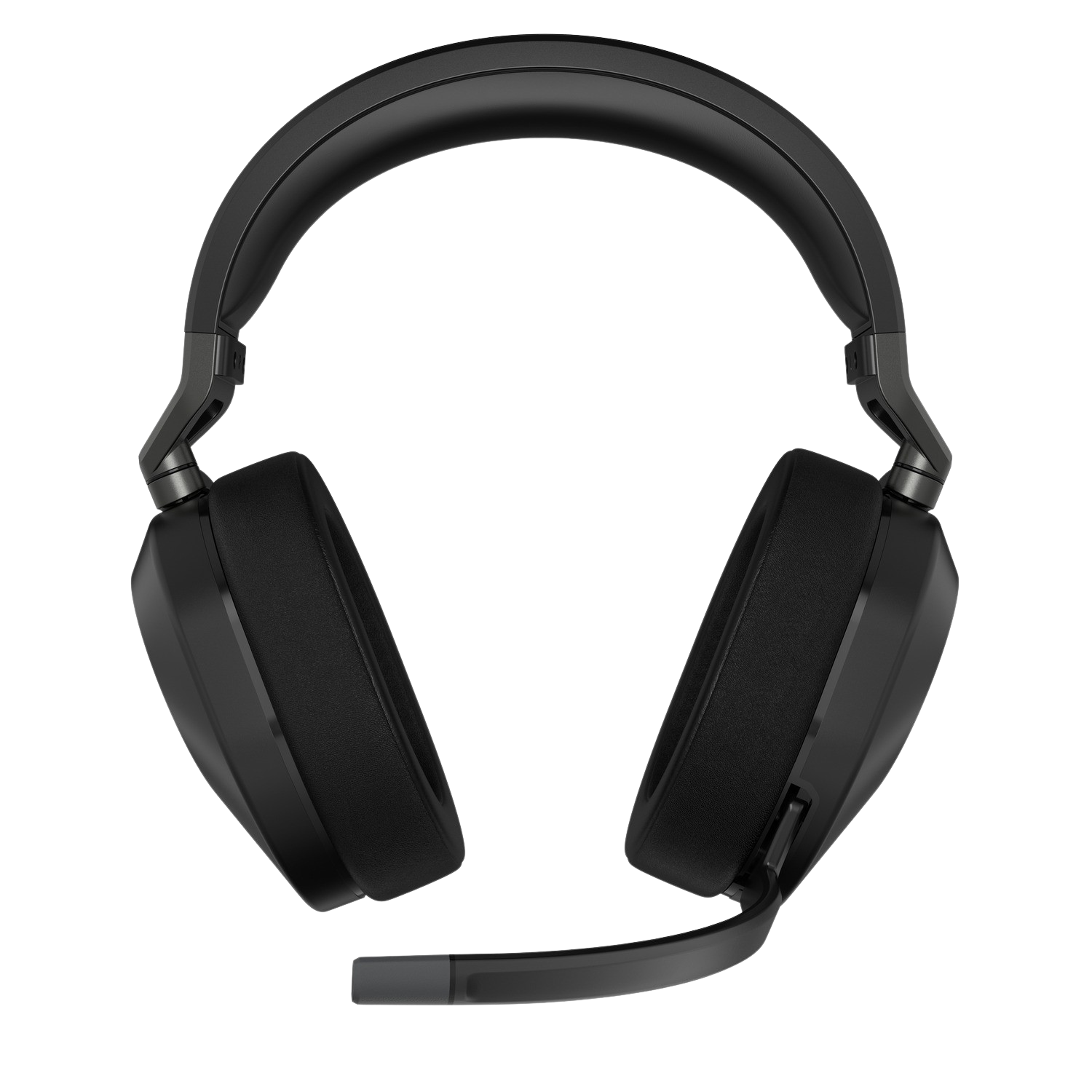 Black gaming headset with microphone, on a black background. Over-ear design.