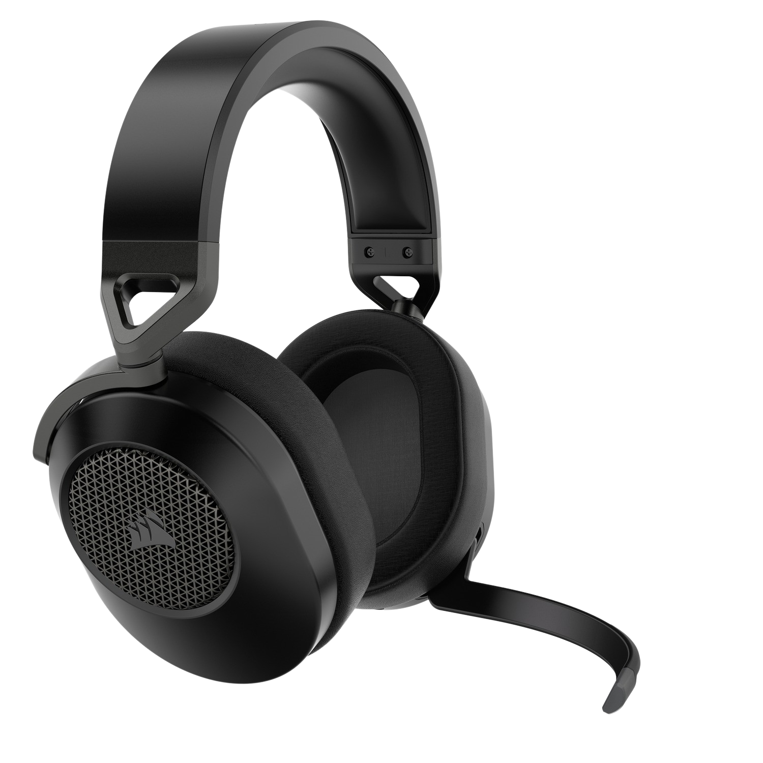 Black headphones with a microphone. The earcups are over the ear, with a mesh design.