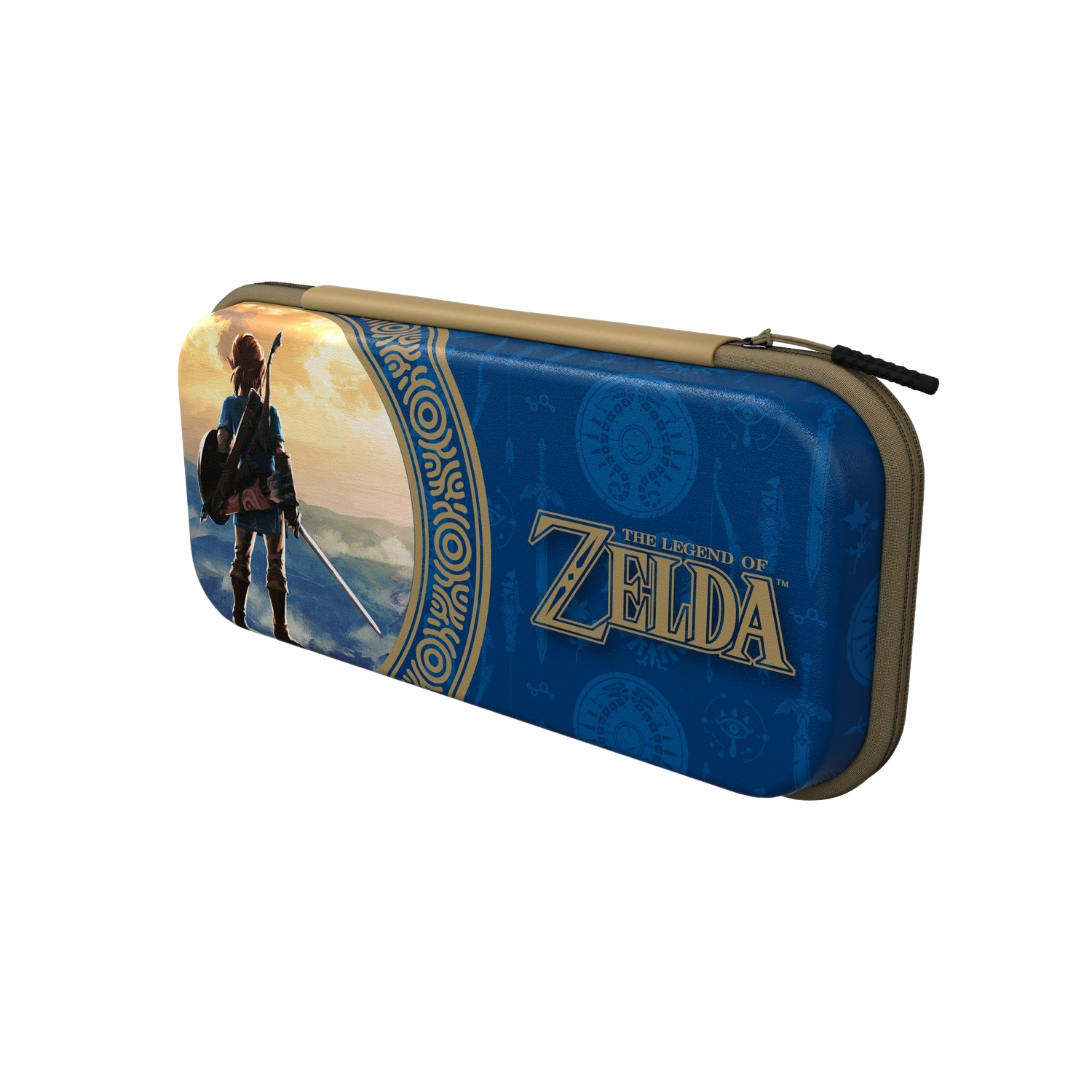 A blue and brown Zelda-themed Switch case with the Zelda logo and artwork of a character.