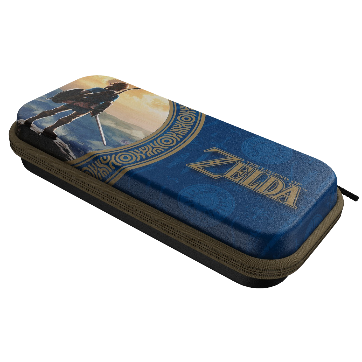 Case for Nintendo Switch with Zelda art. Blue, gold, and brown color scheme.