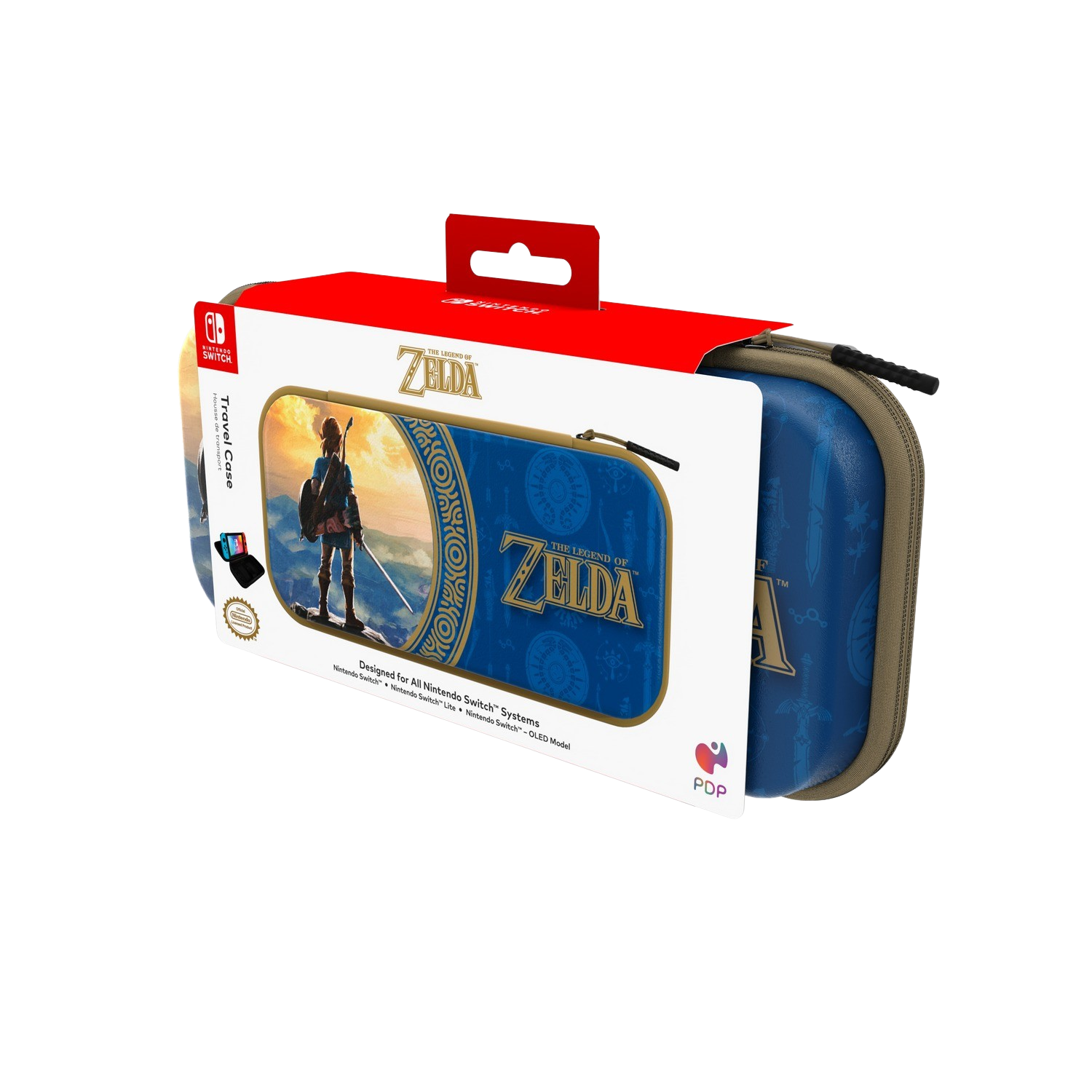 Zelda travel case with a blue design and the Zelda logo, on a white background.