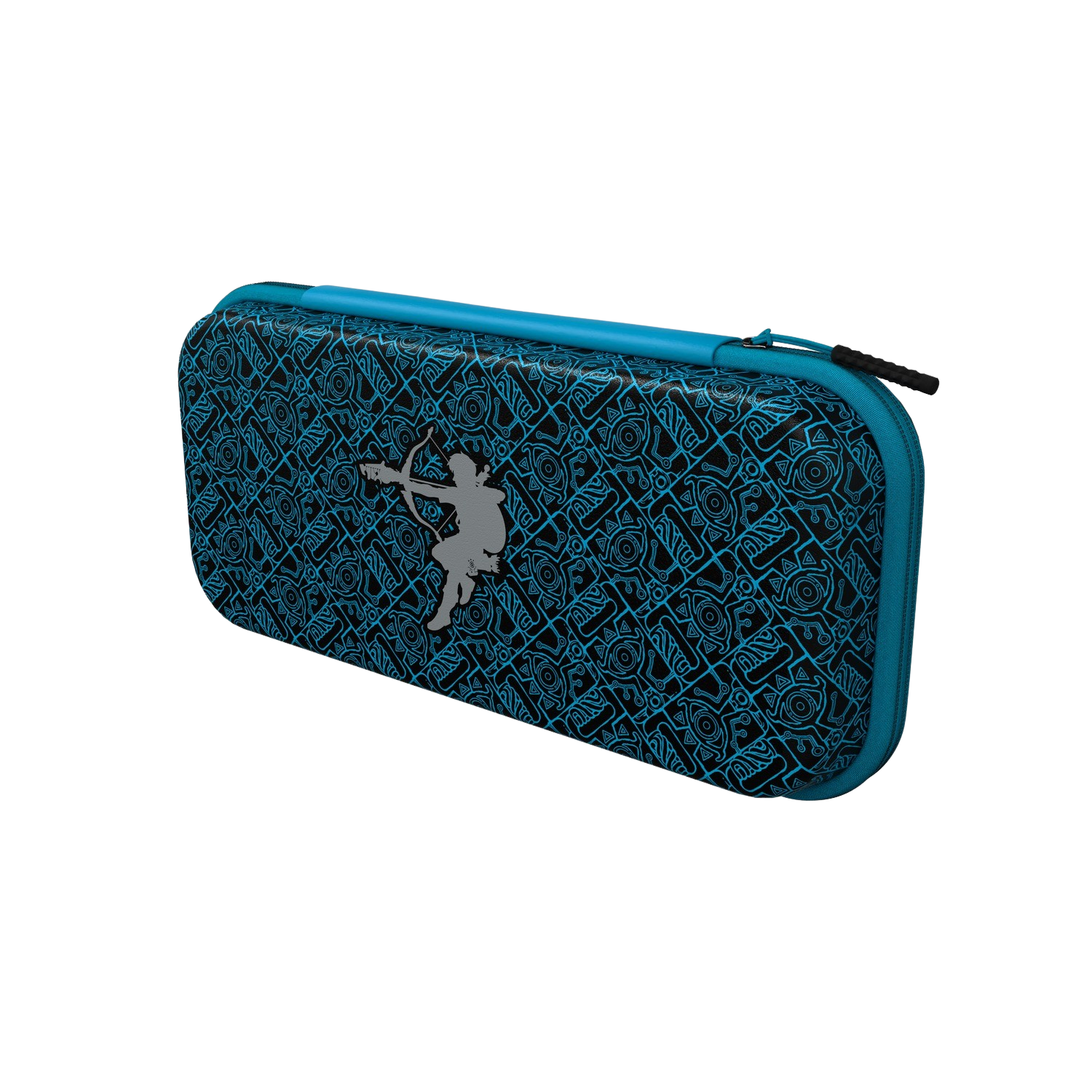 A blue case with a video game character outline on it.