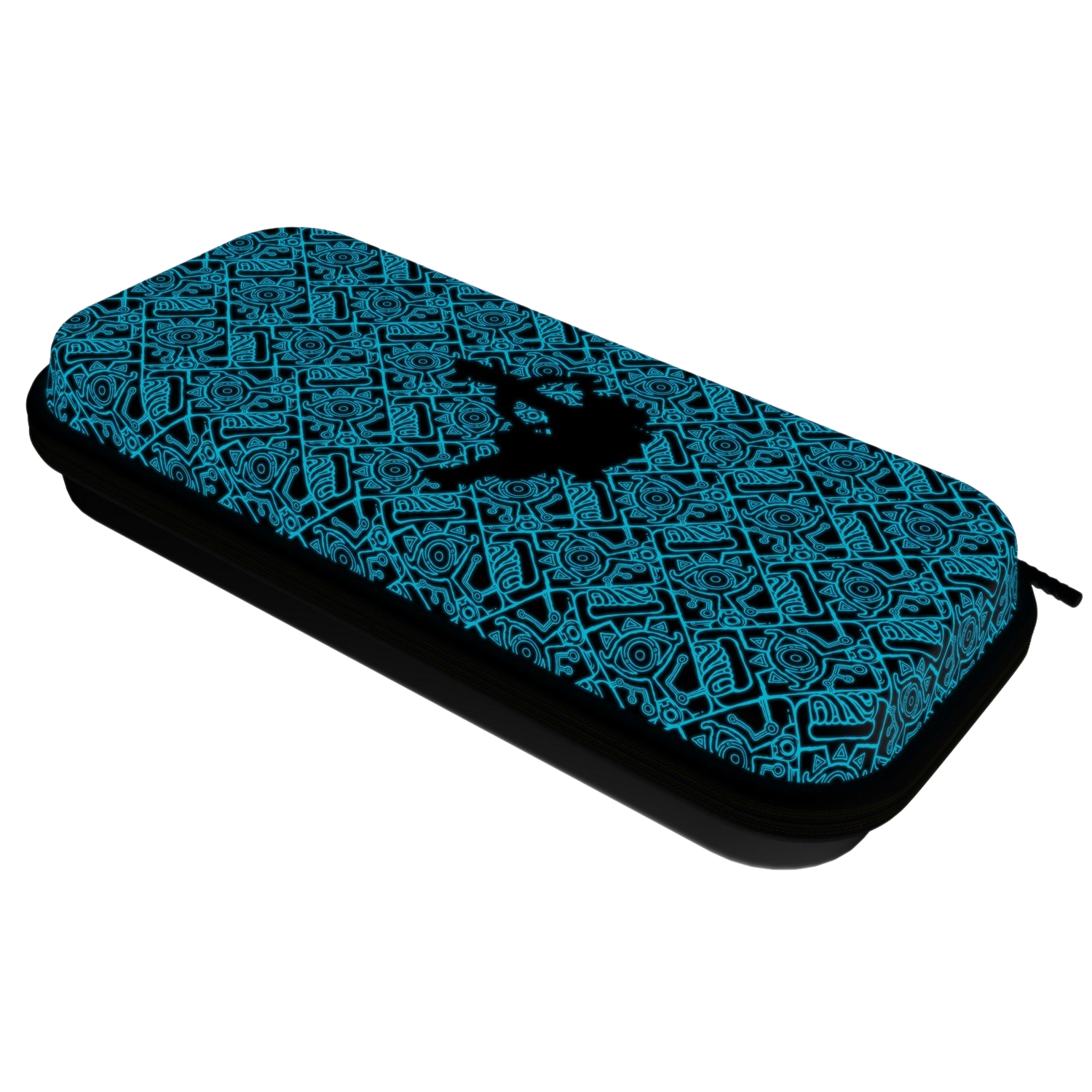 A black and blue patterned case for a console, with a silhouette on top, against a black backdrop.