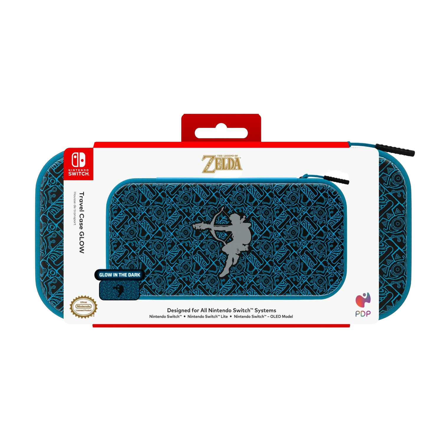 Zelda Nintendo Switch travel case, teal and black, with a stylized silhouette and logo.