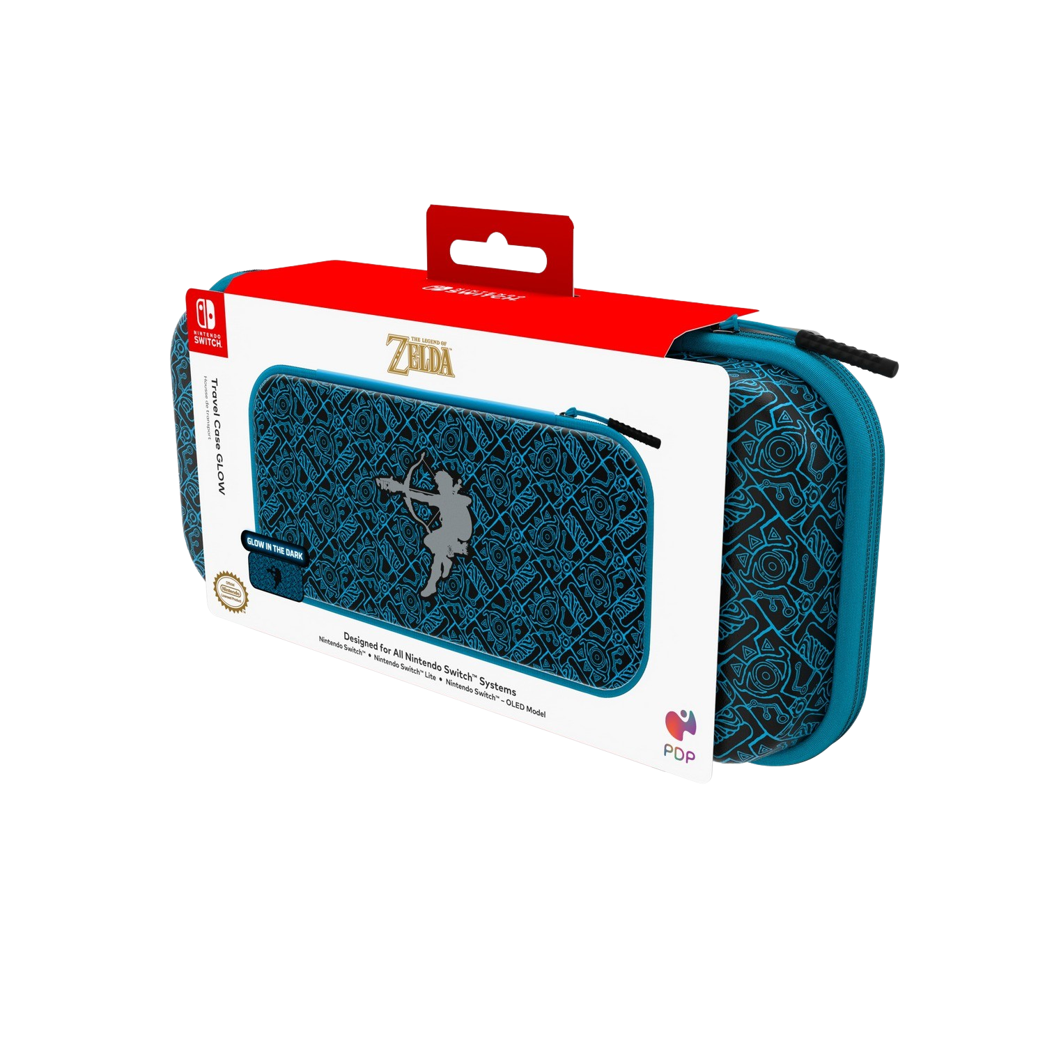 A blue Zelda Switch travel case with a zipper and a silhouette of a character.