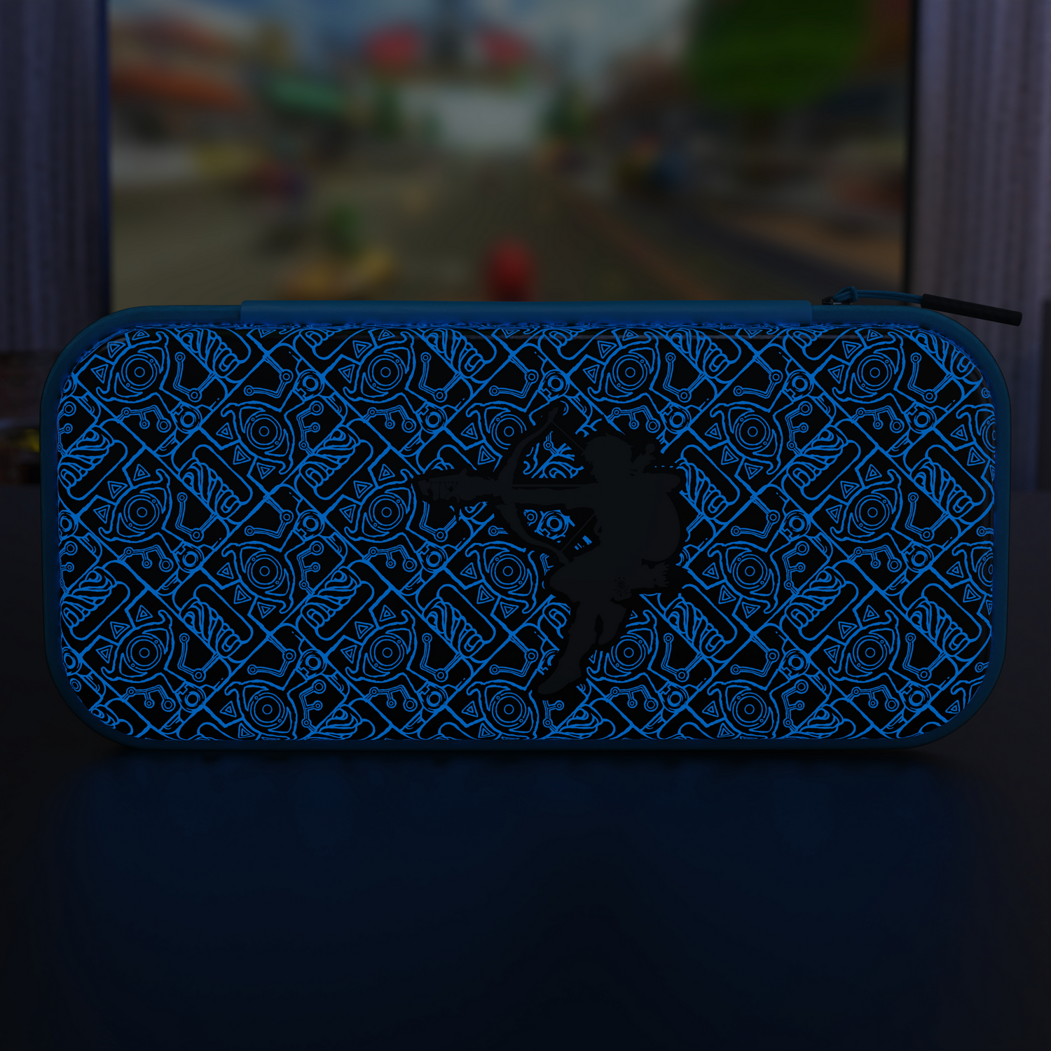 Switch case with blue glowing patterns and a silhouette. Dark background.