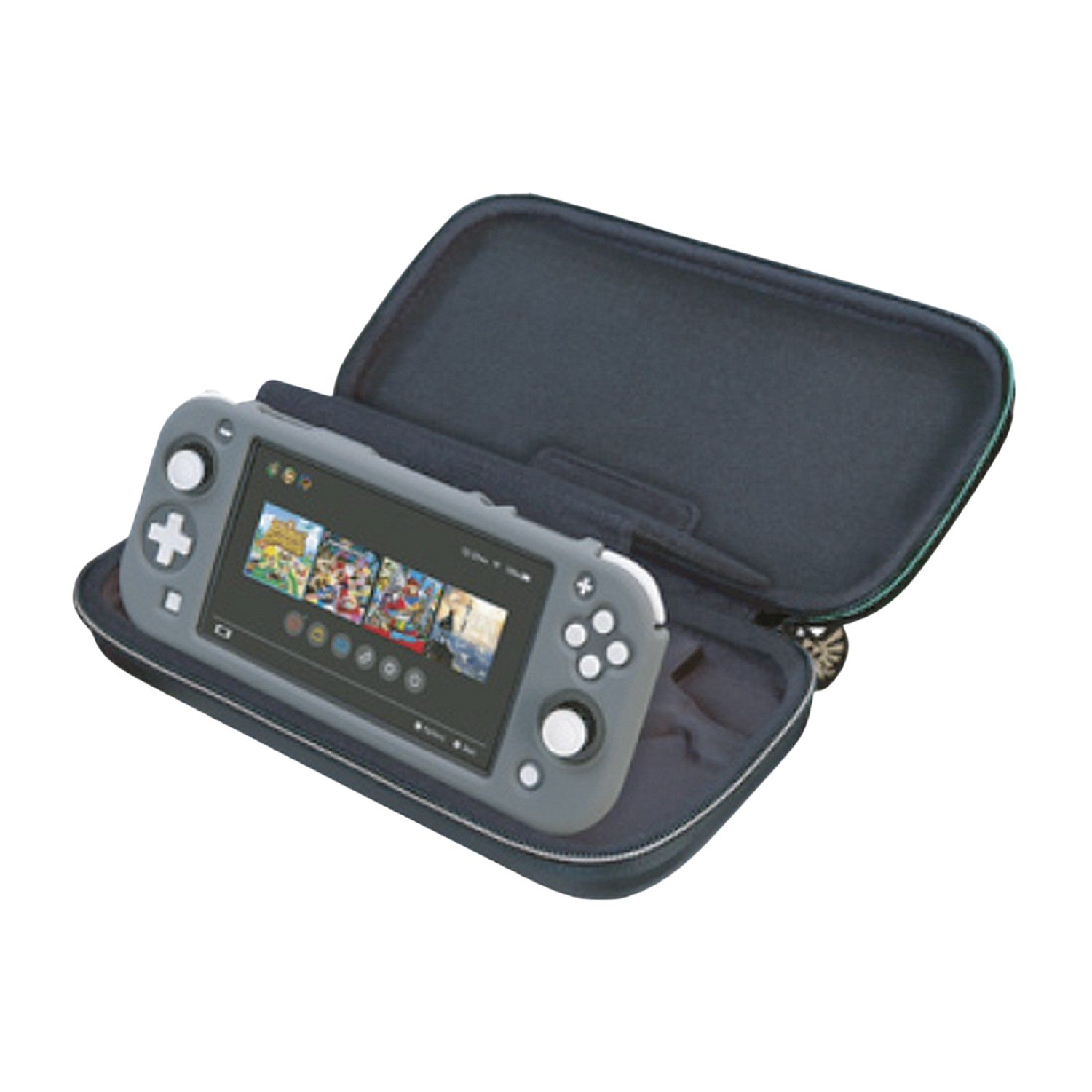 A gray Nintendo Switch Lite in a dark blue case, showing a game screen.