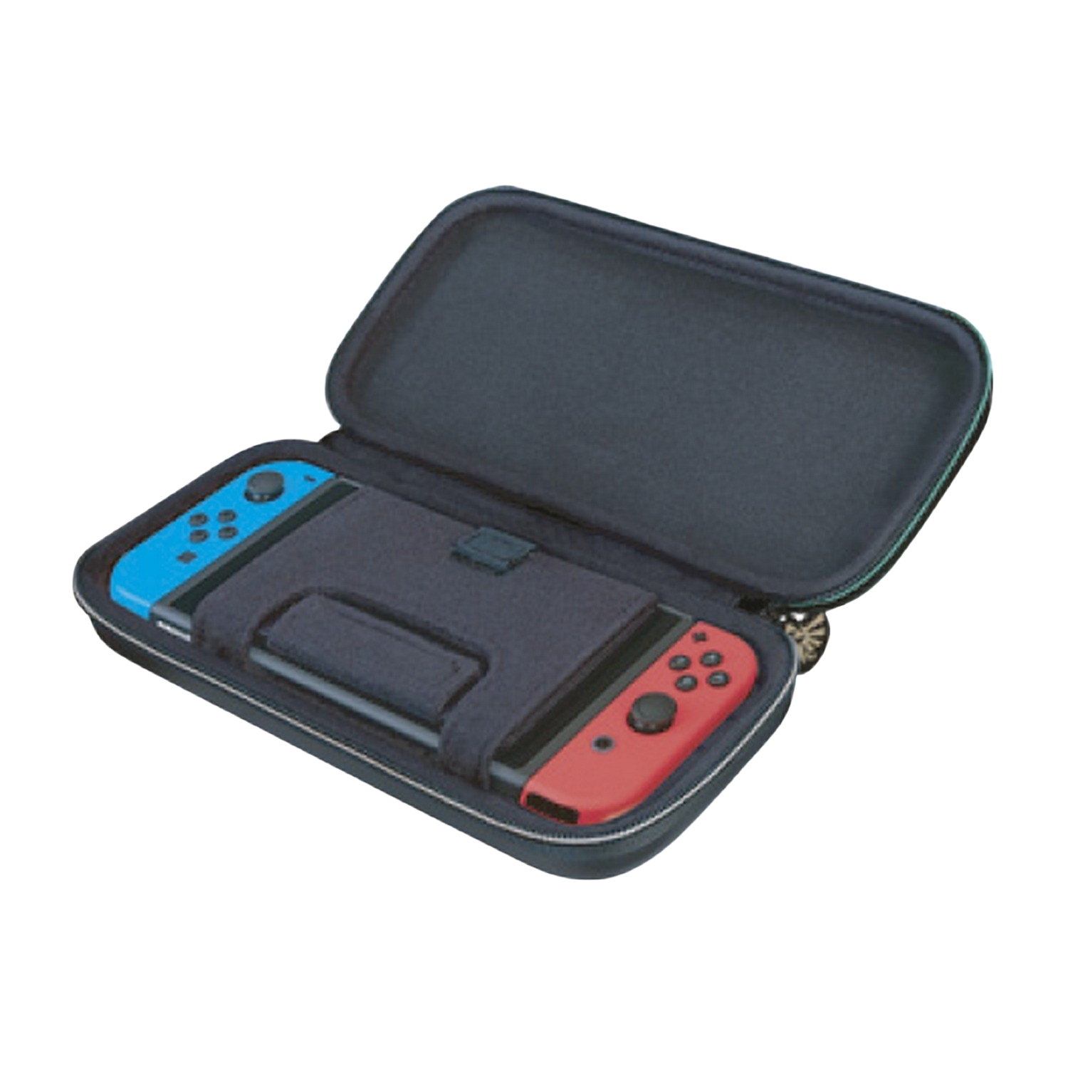 A Nintendo Switch console inside a black carrying case. The Joy-Cons are blue and red.