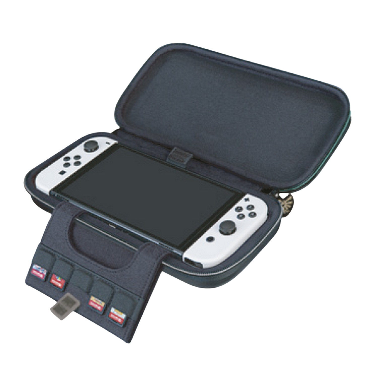 A Switch console with a case and game cartridges.