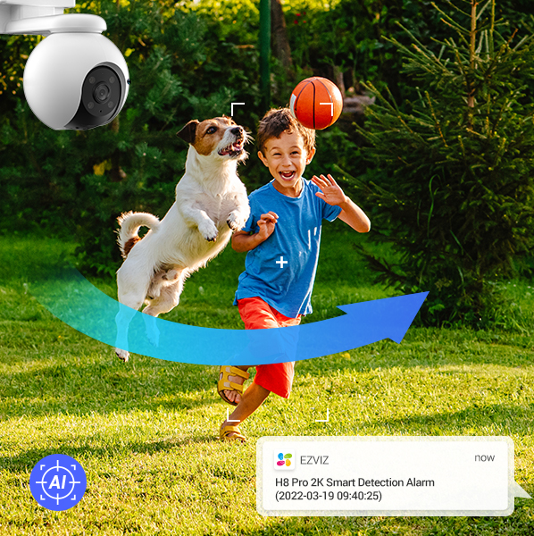 Garçon et chien jouant dans jardin avec caméra de sécurité. Bulle texte indiquant détection intelligente.