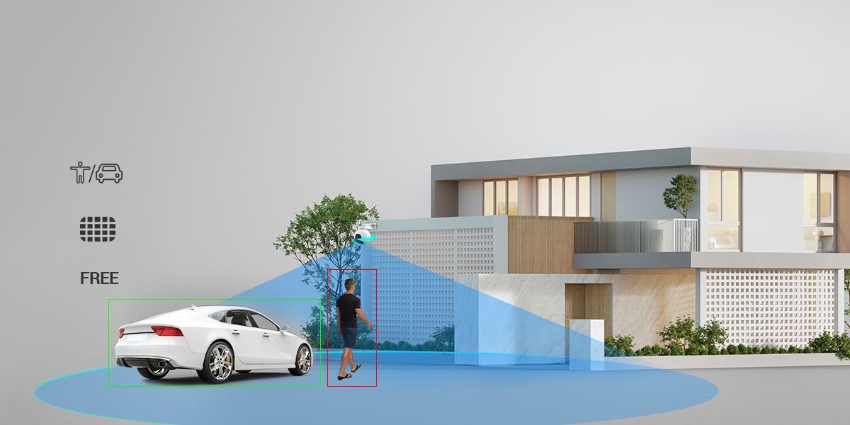 Une maison avec une voiture et une personne. Une caméra de sécurité surveille la zone.