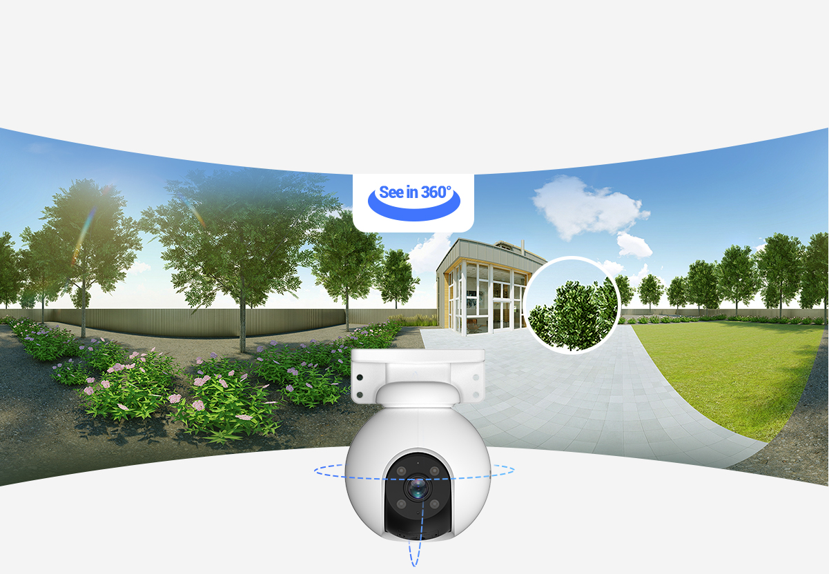Une caméra de sécurité avec une vue à 360°. Montre une maison dans un jardin avec des arbres et un ciel bleu.