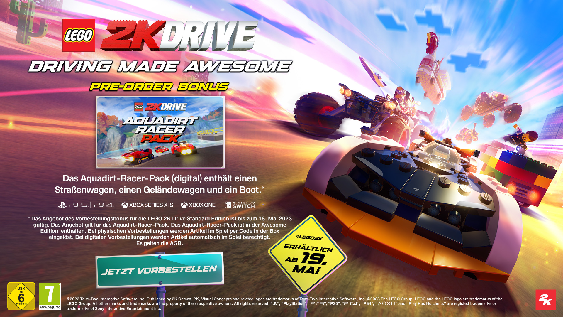 LEGO 2K Drive Spielwerbung. Buntes Bild mit Spielzeugautos und Text.