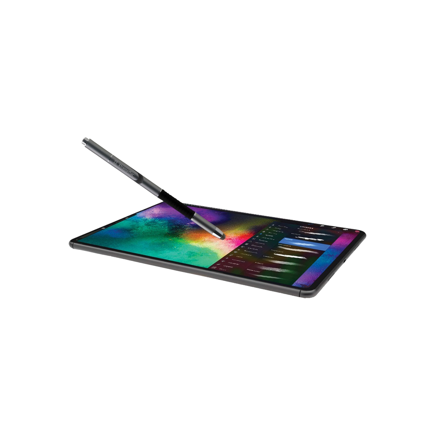 A tablet with a pen lying on a black surface. The screen displays colorful art.