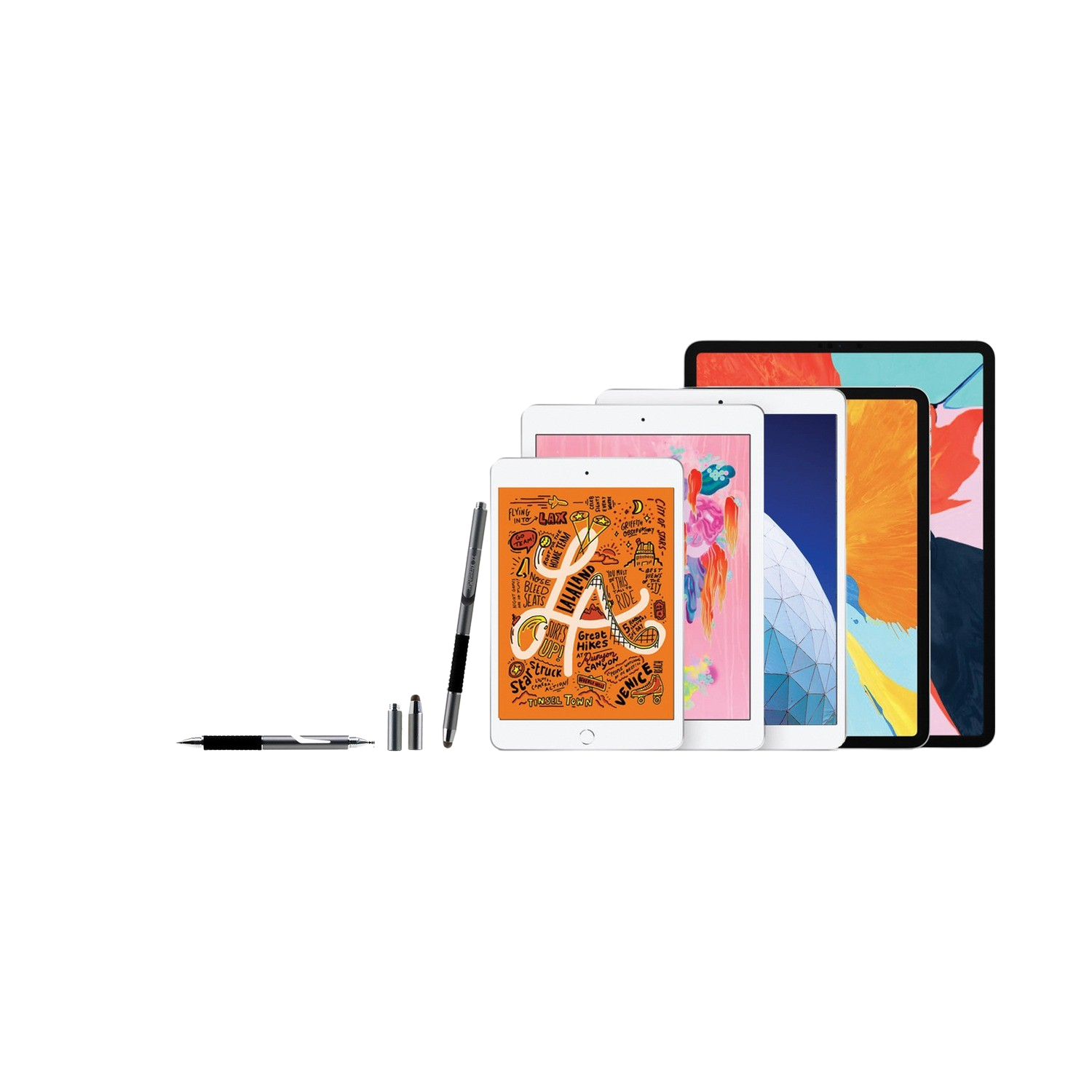 Four iPads and a stylus on a black surface. The iPads are in different sizes and colors.