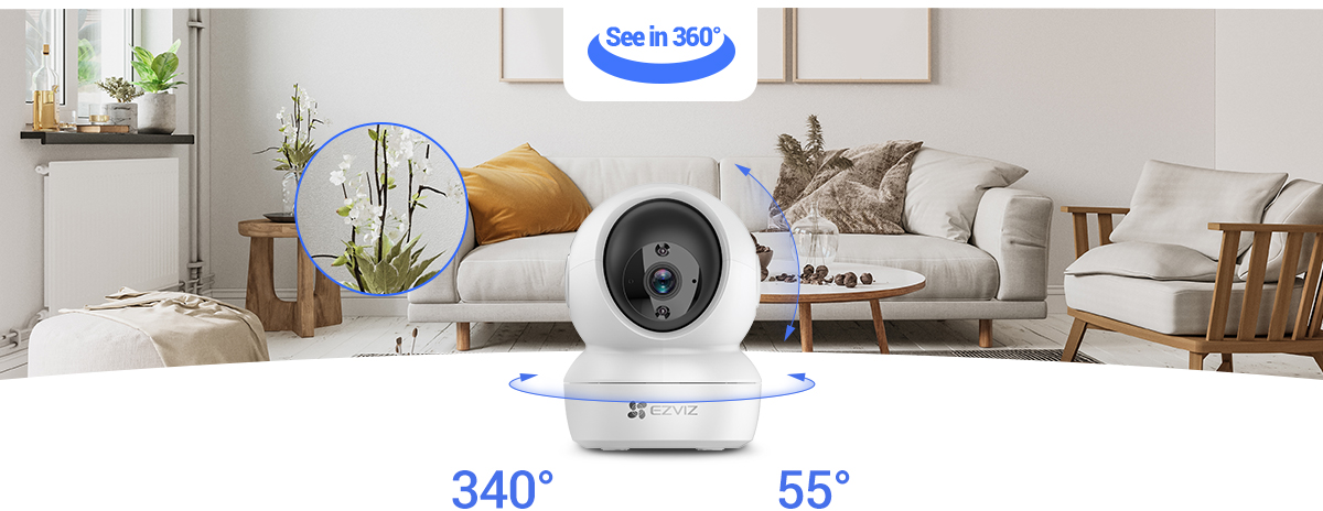Caméra de sécurité blanche, avec un diagramme d'angles de rotation de 360° et 55°.