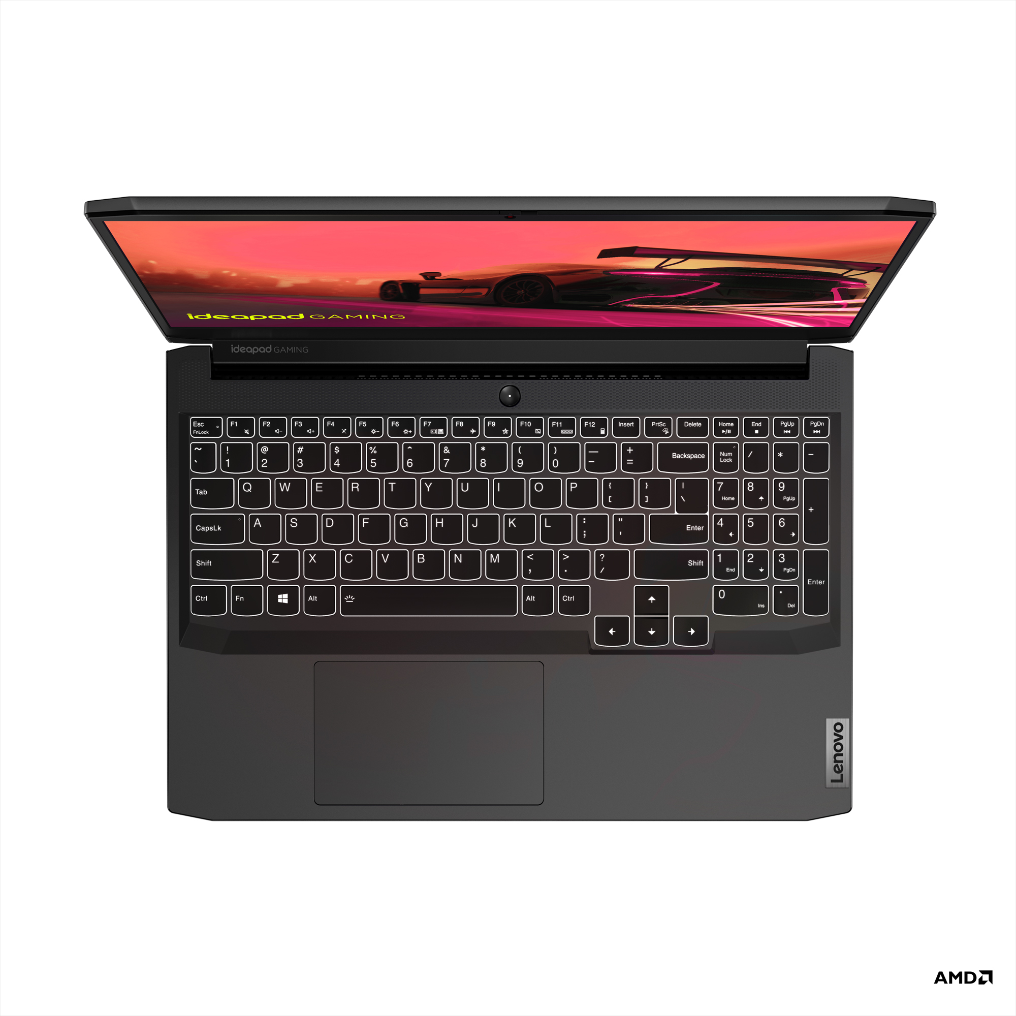 Bir Lenovo IdeaPad oyun dizüstü bilgisayarının üstten görünümü. Klavye yanıyor, siyah bir kasaya sahip.