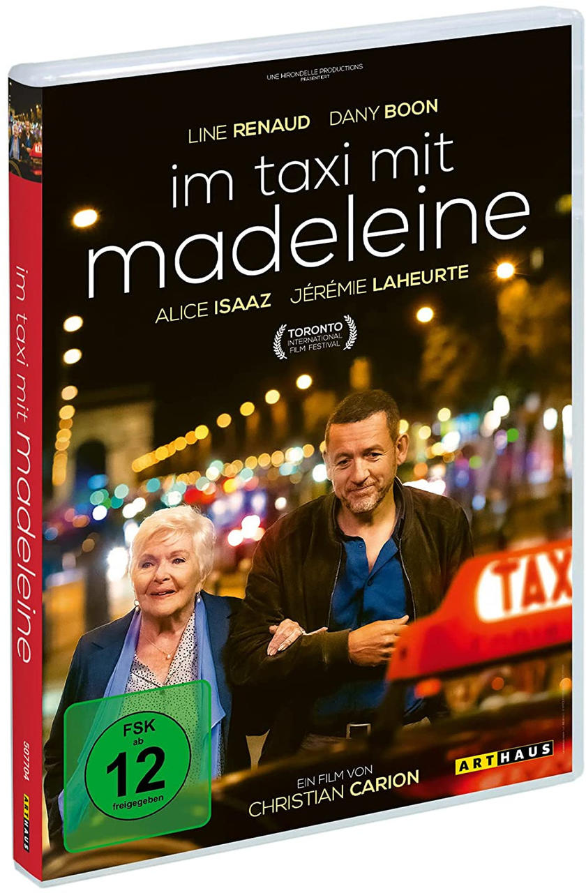 DVD-Cover: Filmplakat mit zwei Personen und einem Taxi. Text auf Deutsch: 'Im Taxi mit Madeleine'.