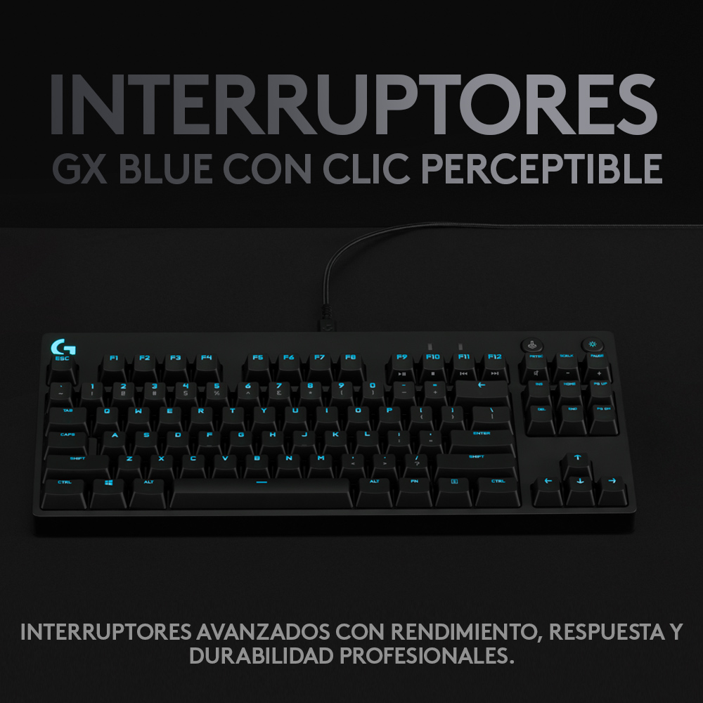 Teclado gaming negro con teclas retroiluminadas azules y la palabra INTERRUPTORES.