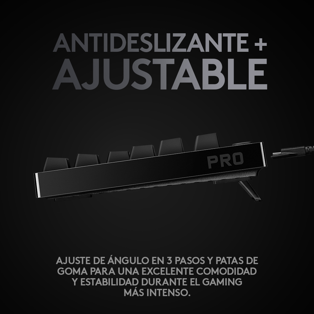 Teclado negro con texto blanco, angulado para una vista clara de las teclas y patas.