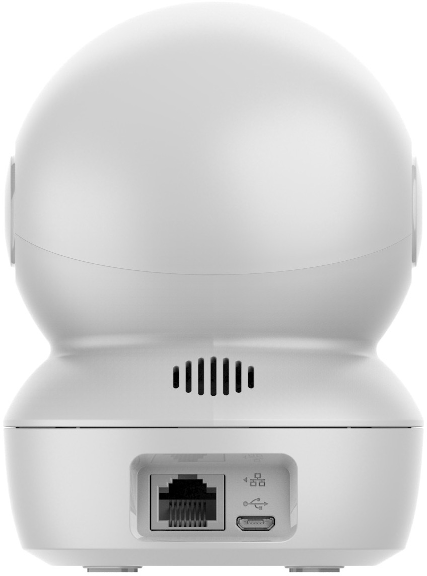Caméra de sécurité blanche avec dessus arrondi et ports sur la base.