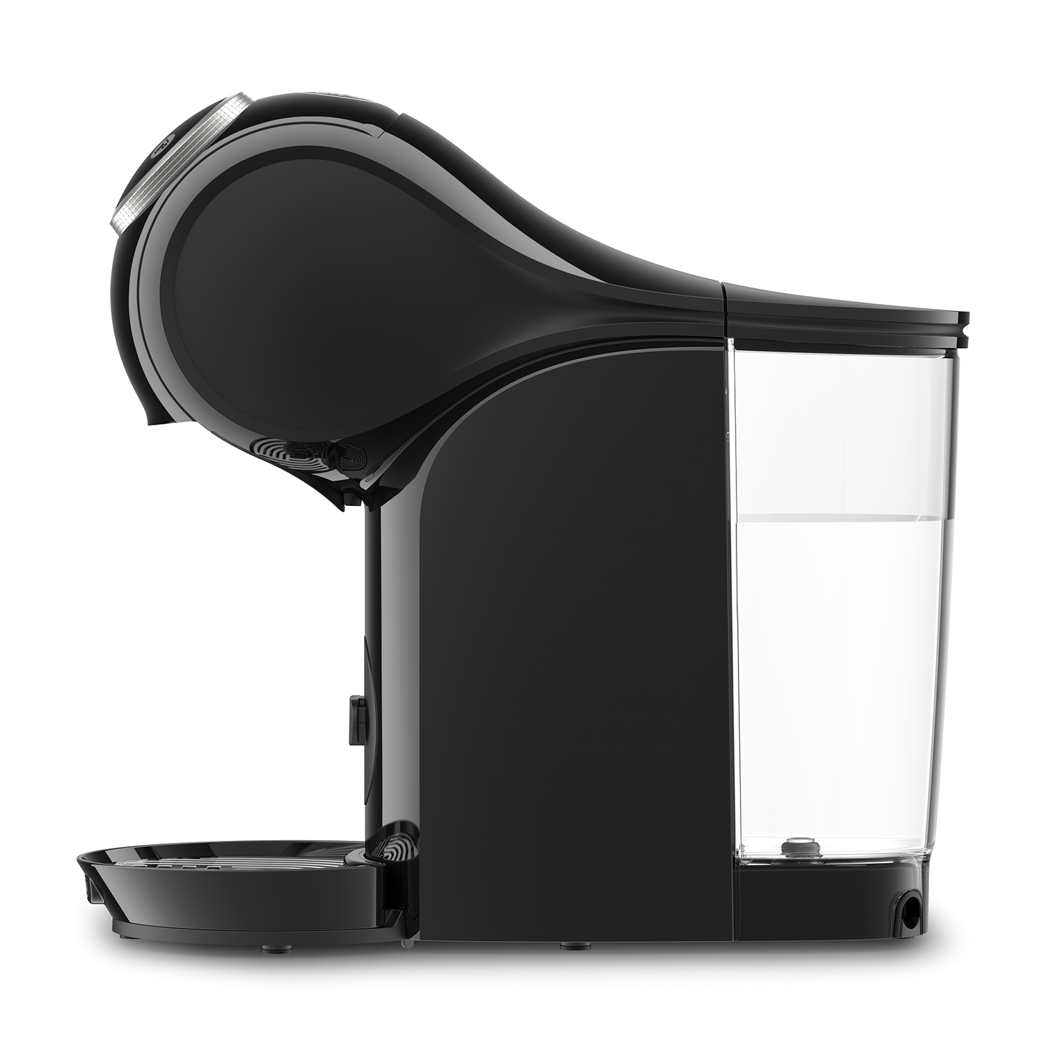 Una macchina per caffè espresso nera con serbatoio dell'acqua trasparente su sfondo bianco.
