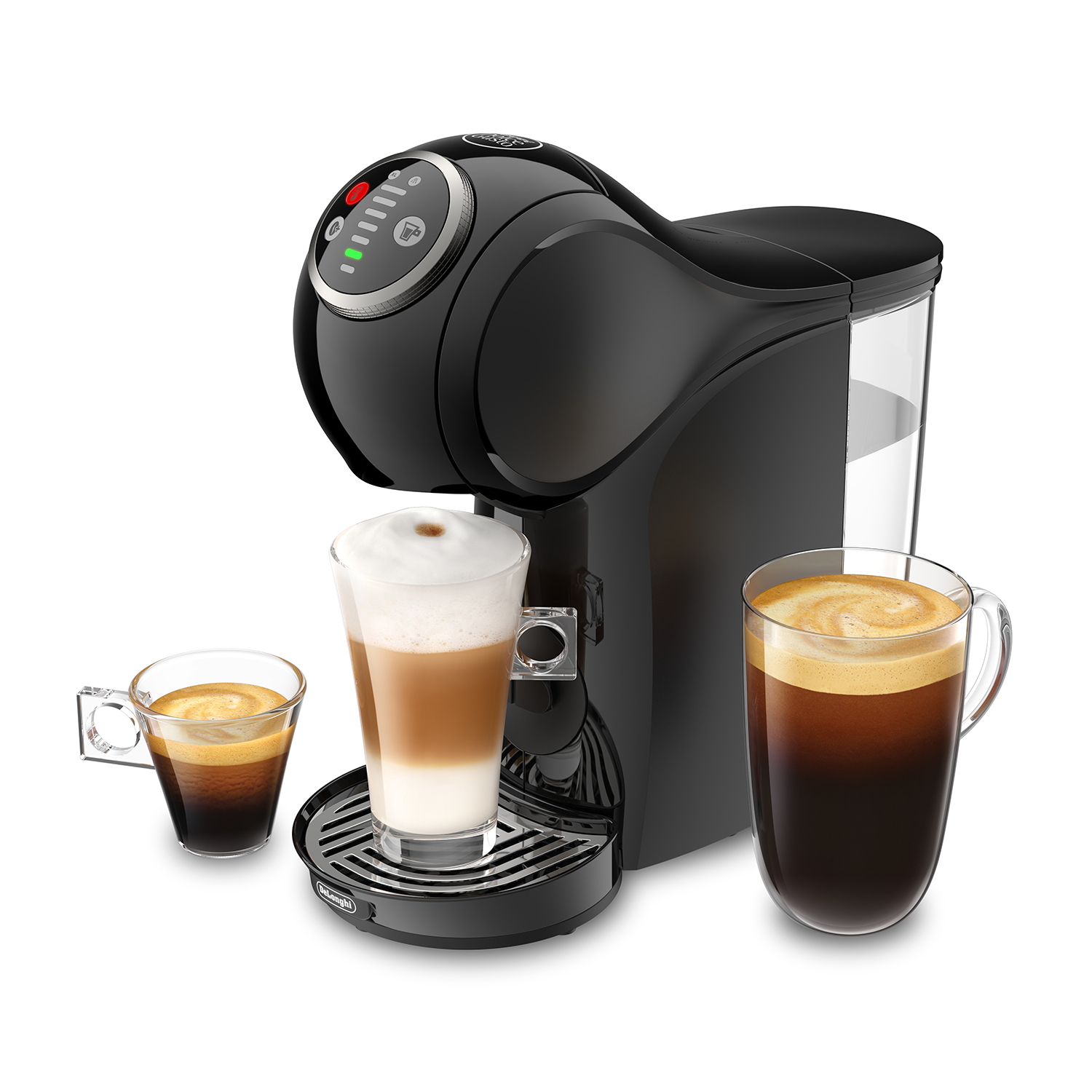 Macchina da caffè nera con tre tazze di caffè. Un espresso, un latte e una bevanda al caffè.