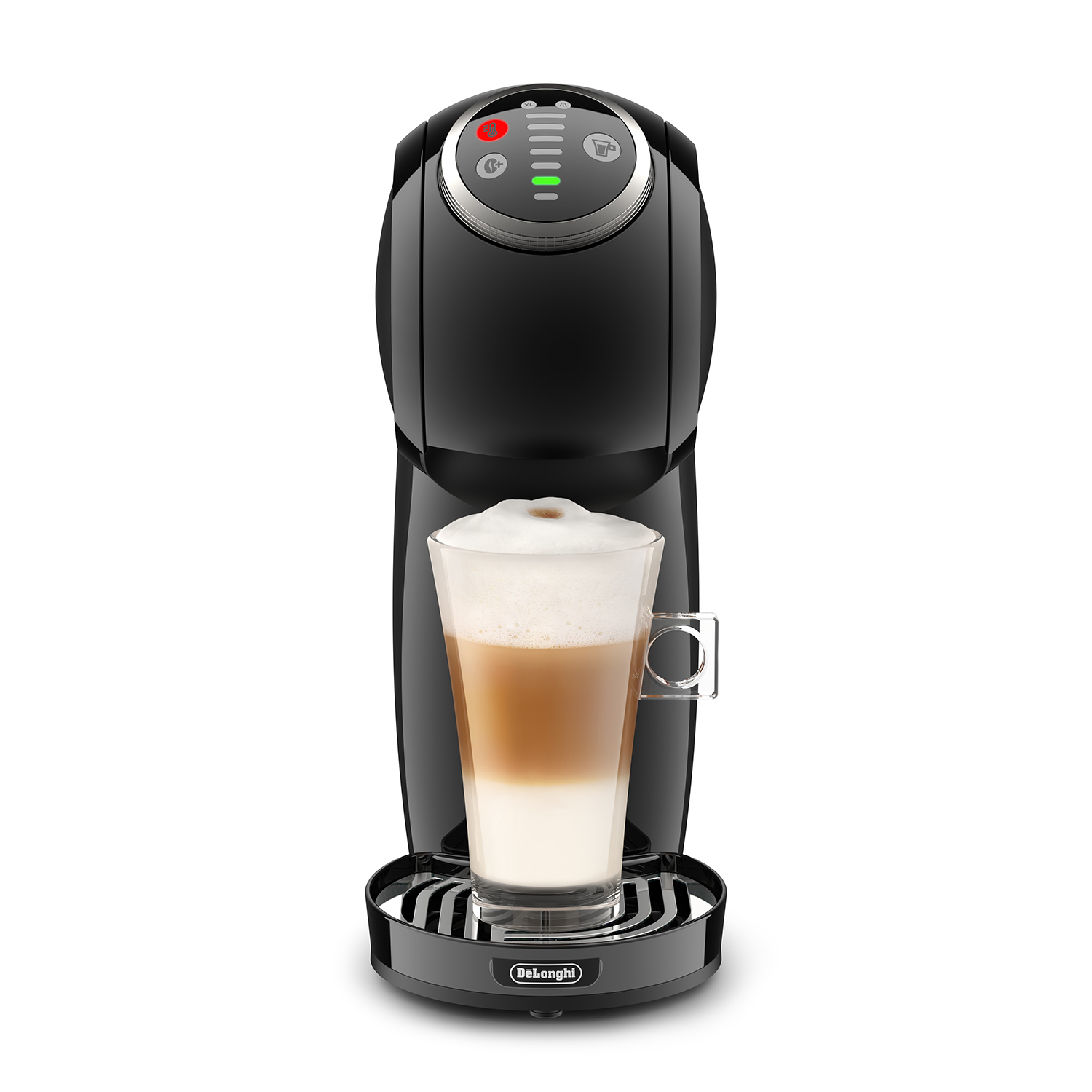 Macchina da caffè nera con un bicchiere di latte a strati. La macchina ha un display con luci.