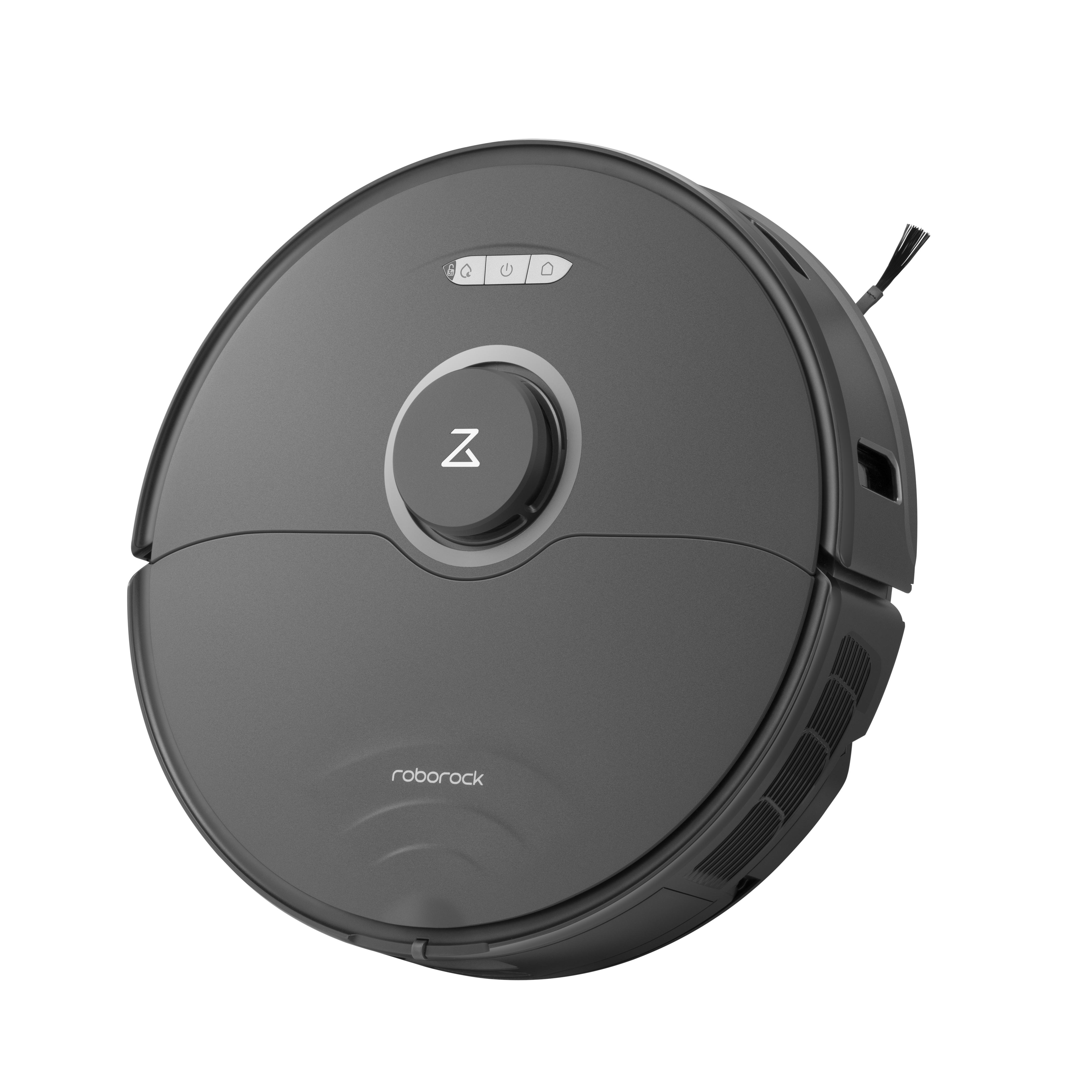 Ein grauer und schwarzer Roborock-Roboter-Staubsauger auf weißem Hintergrund. Er hat Knöpfe und ein zentrales Logo mit dem Buchstaben Z.