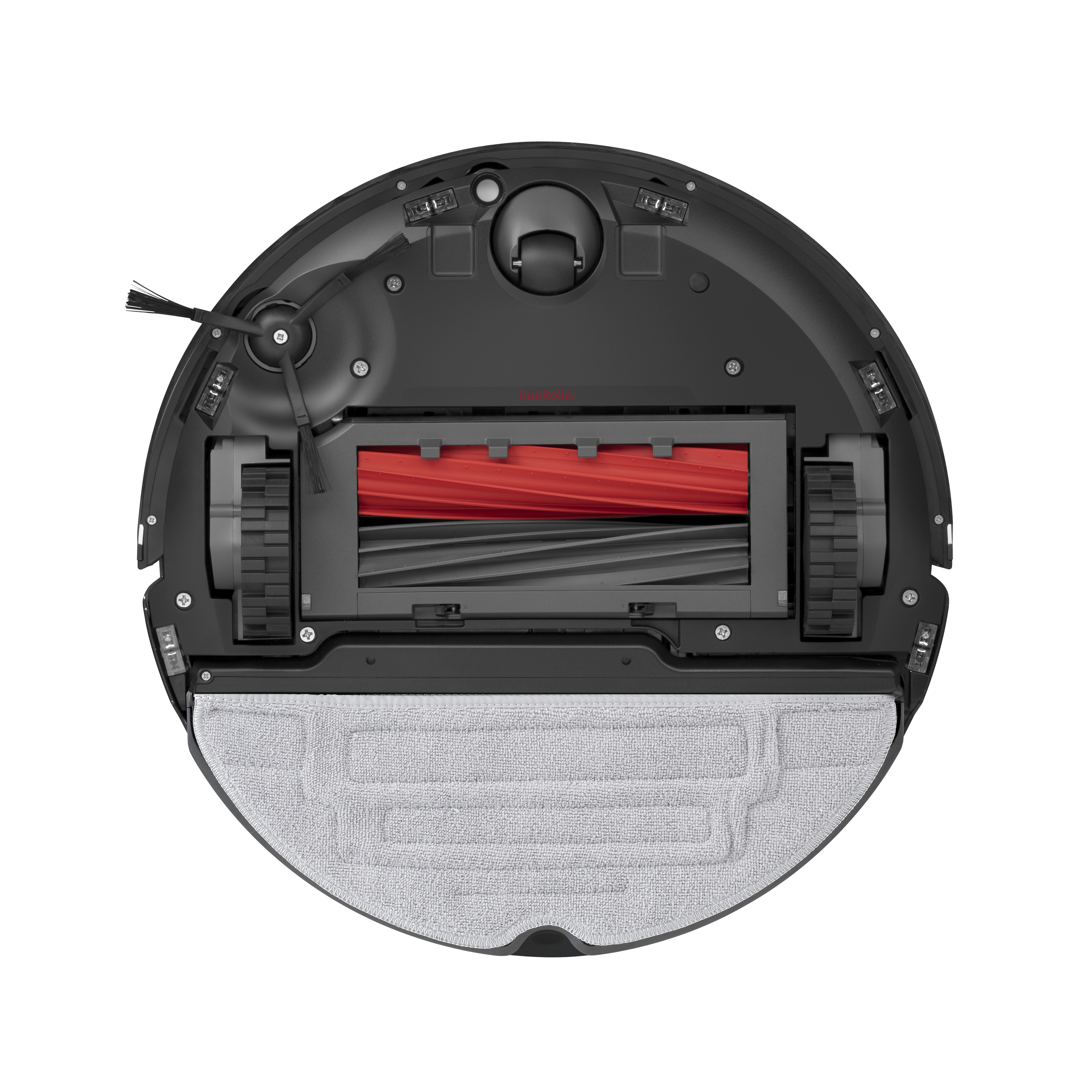Unterseite des Roboter-Staubsaugers. Schwarzer Körper mit roter Bürste, grauem Wischmopp und schwarzen Rädern. Weißer Hintergrund.