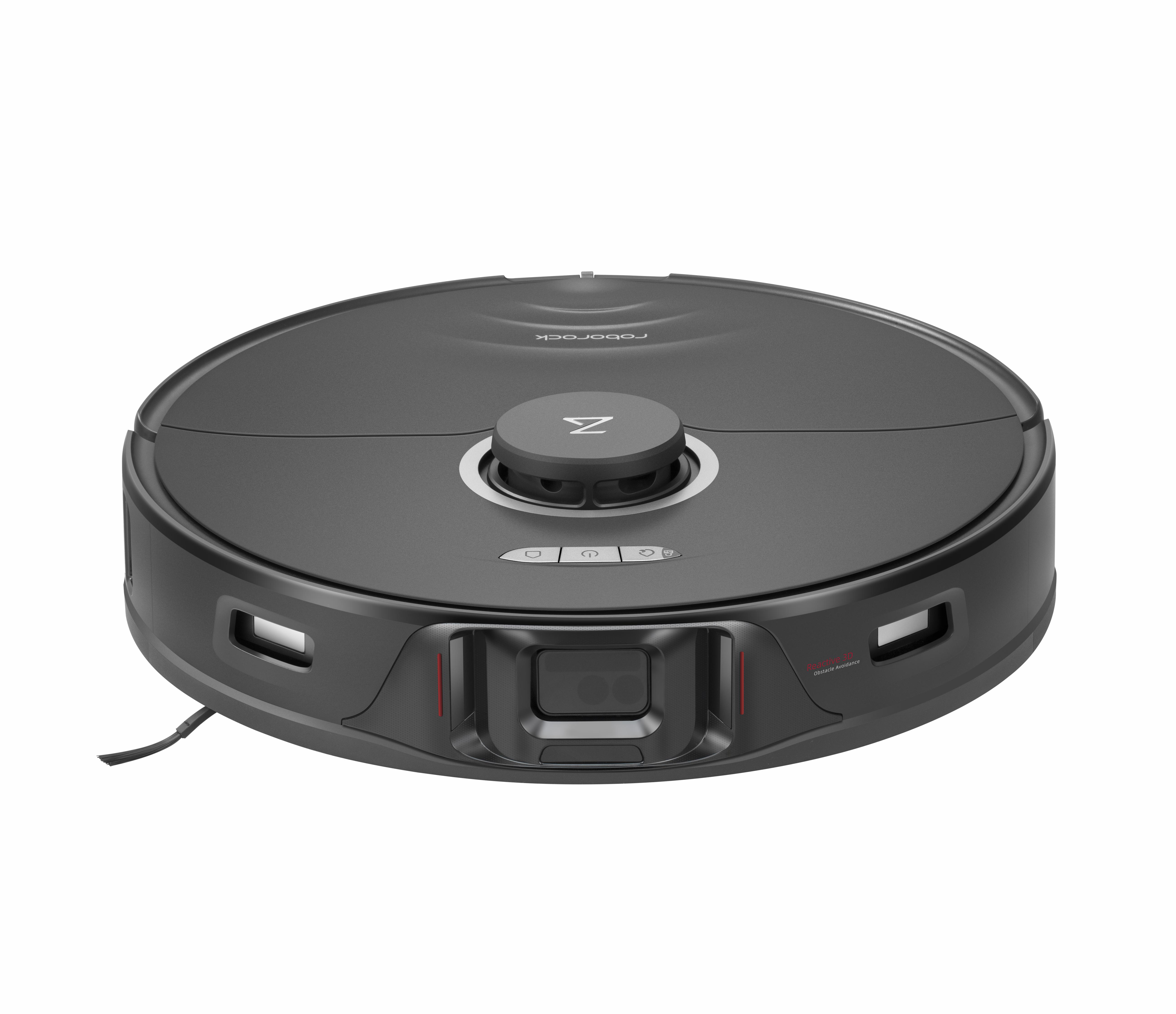 Ein dunkelgrauer, runder Roboter-Staubsauger mit einem zentralen Turm und Knöpfen. Der Markenname "Roborock" ist sichtbar.