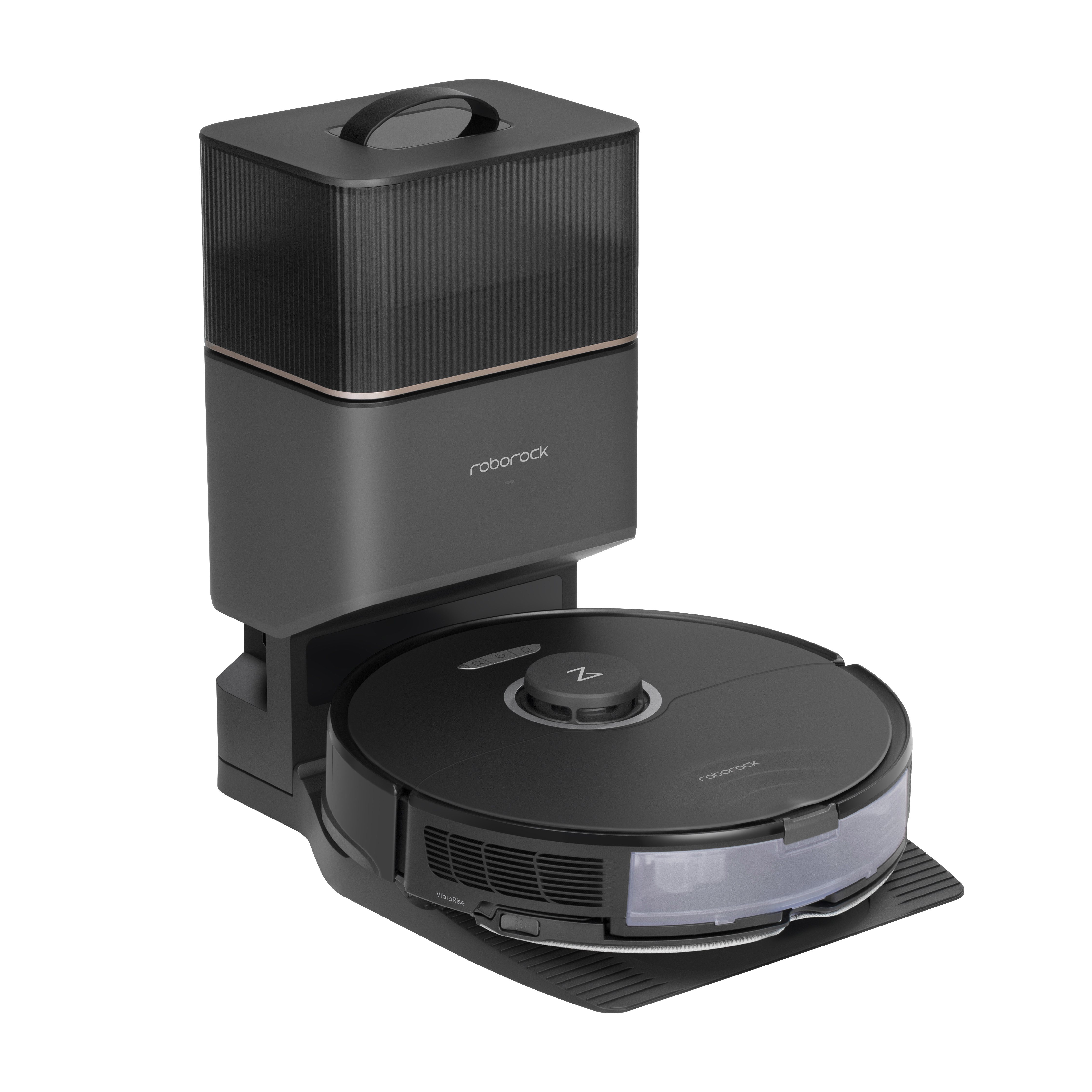 Ein schwarzer und grauer Roboter-Staubsauger mit einer Dockingstation. Der Staubsauger hat eine runde Form.