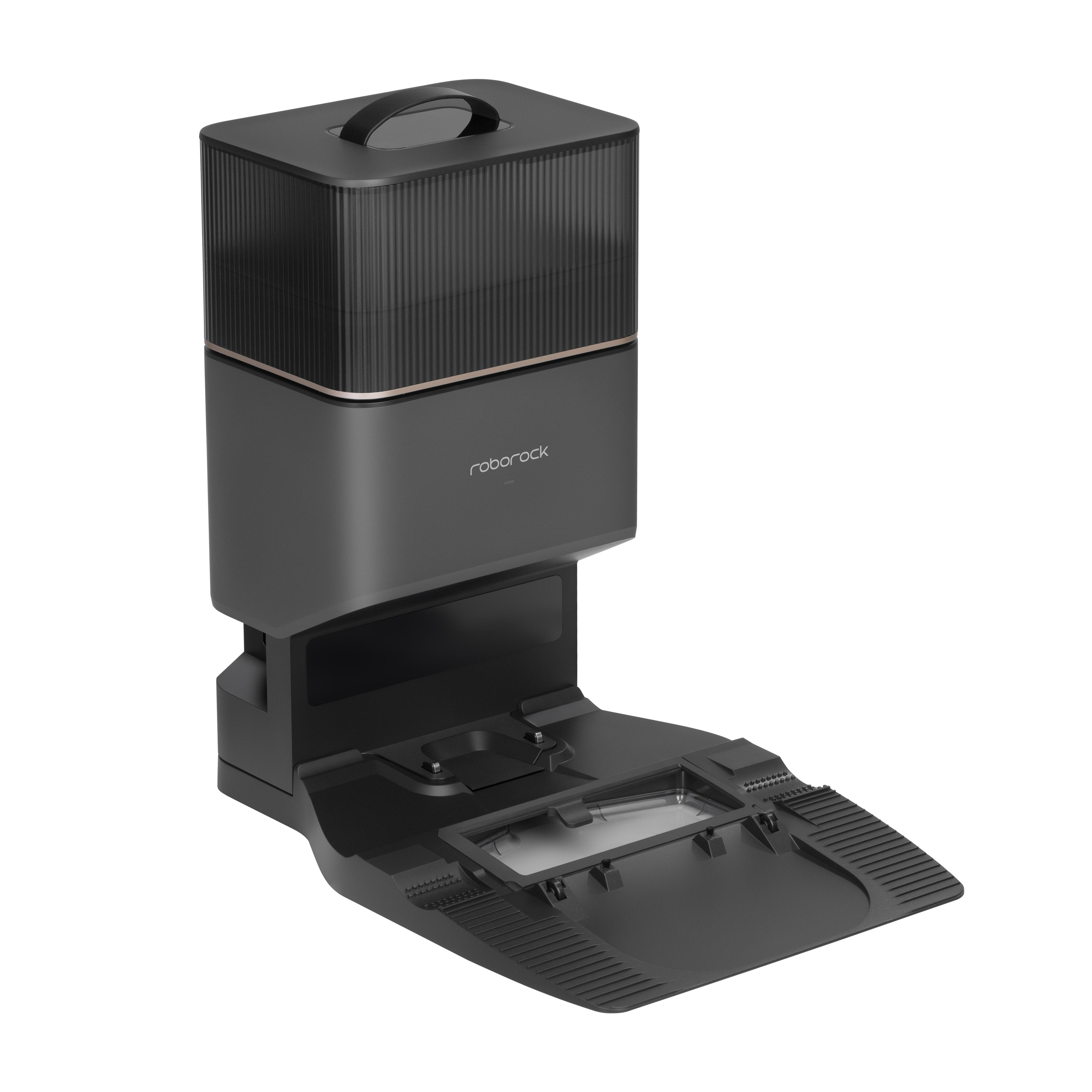 Eine schwarze und graue Roborock-Roboter-Staubsauger-Basisstation. Sie hat einen Griff, einen Deckel und ein Reinigungsdock.