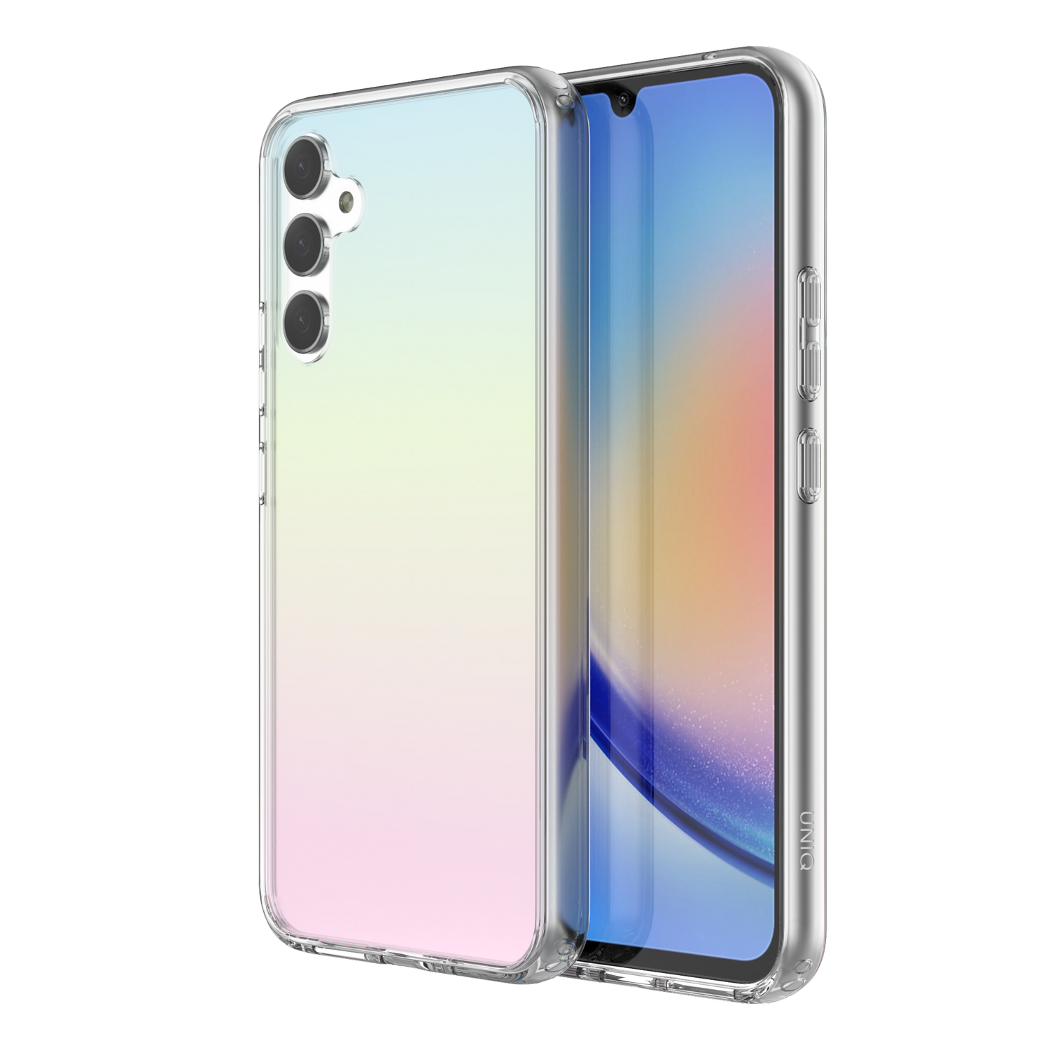 Telefoonhoesje met een kleurengradiënt. Er zit een telefoon in de hoes. Transparante kant. Witte achtergrond.