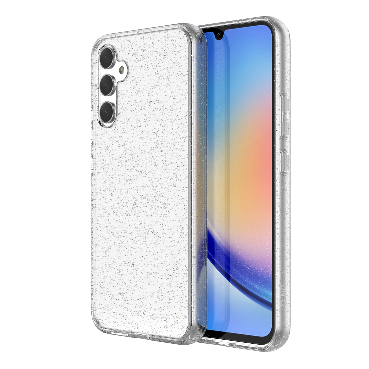 Een smartphone in een glitterende, doorzichtige hoes, die het scherm toont.