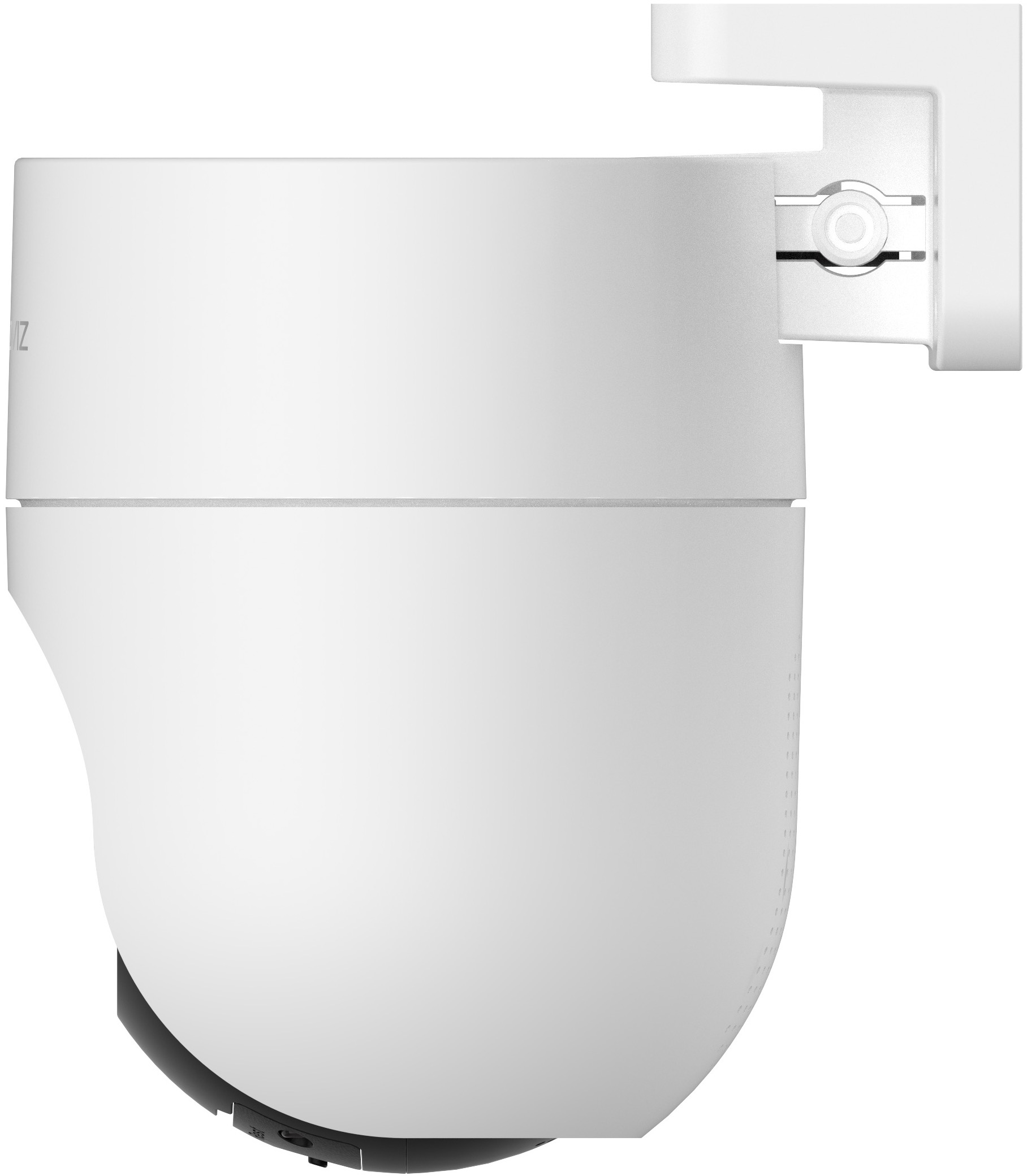 Caméra de sécurité blanche avec un corps arrondi et un bras réglable, fixée sur un mur.