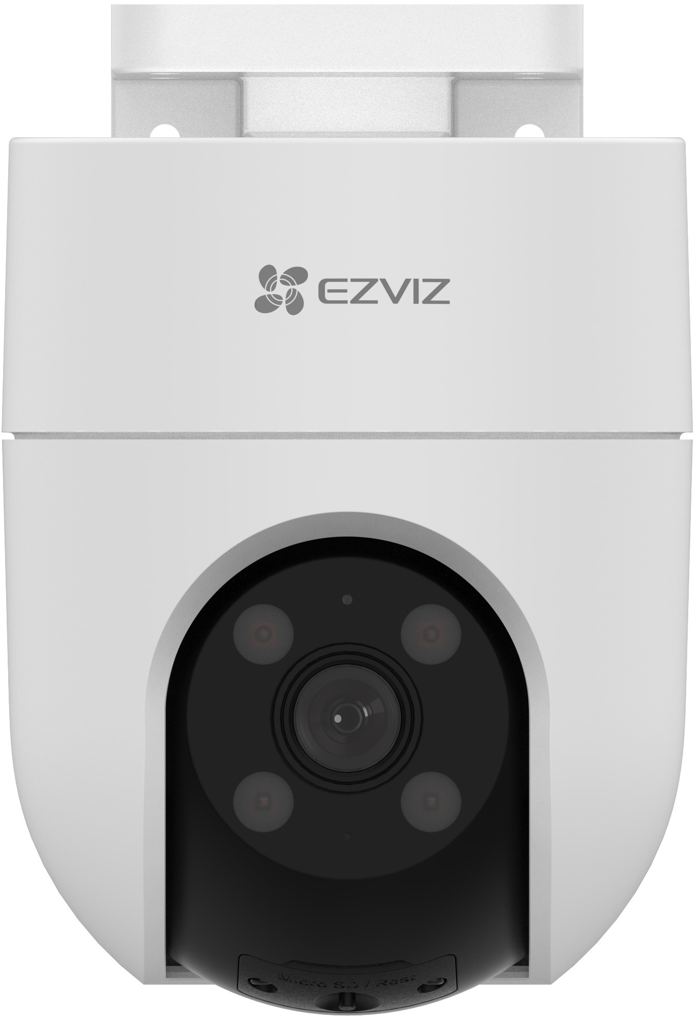 Caméra de sécurité EZVIZ blanche avec objectif noir et quatre lumières d'objectif visibles.