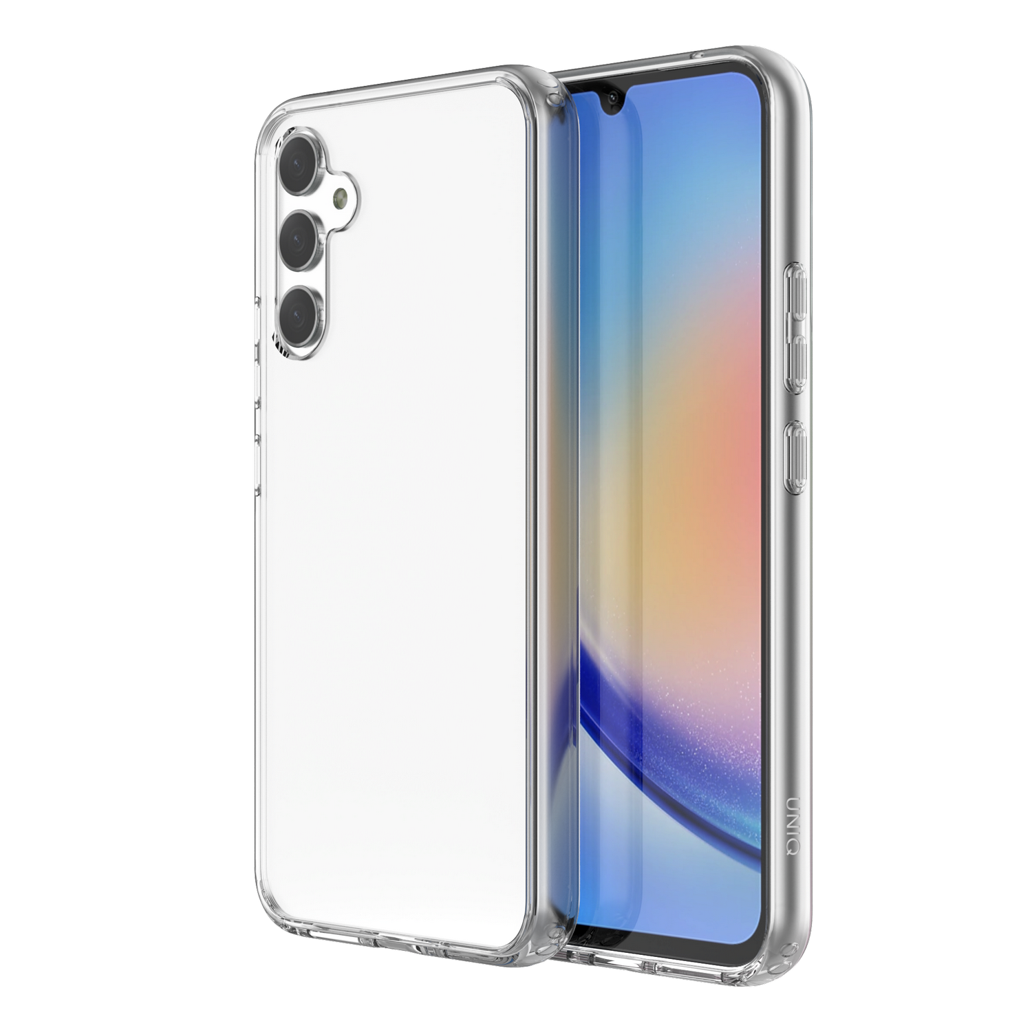 Transparante telefoonhoes op een smartphone met een scherm, op een zwarte achtergrond.