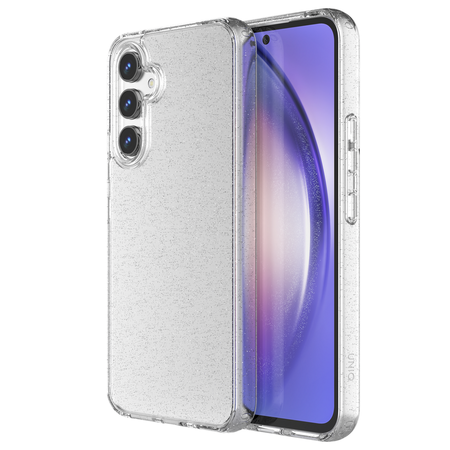 Transparante telefoonhoes met glitter, die een telefoon met een blauw scherm bedekt.