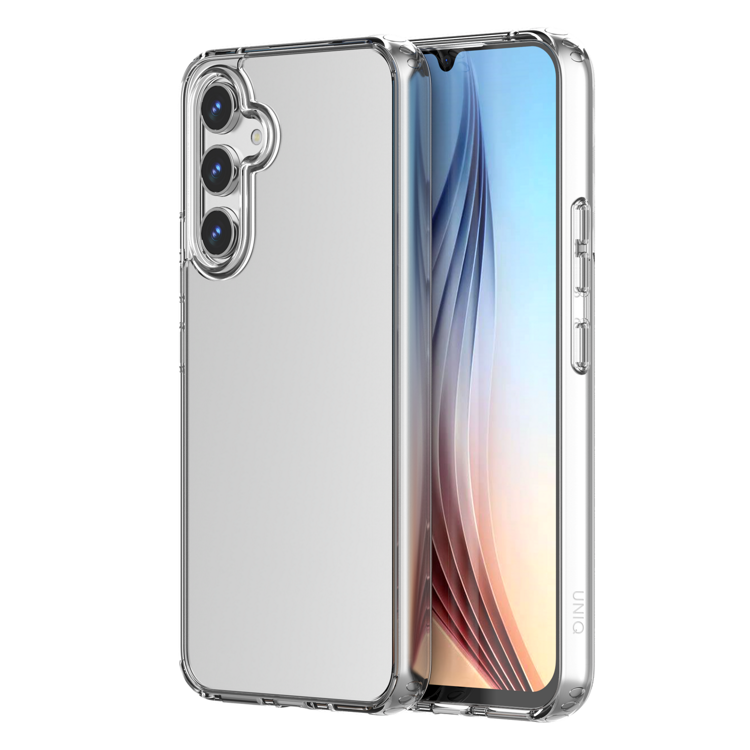 Een telefoon in een doorzichtige beschermhoes. De telefoon heeft een veelkleurig scherm. De hoes is transparant.