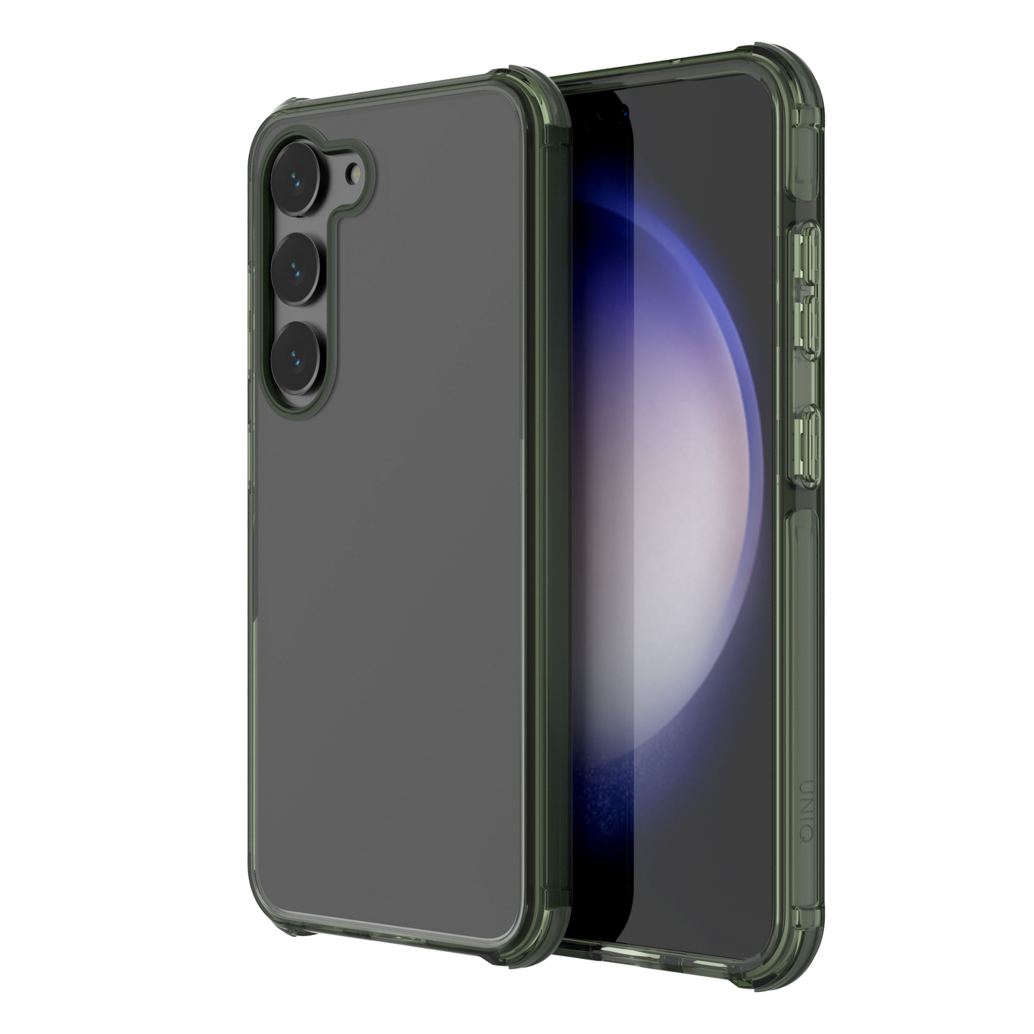 Smartphone hoesje met telefoon. De hoes is groen en de telefoon toont een scherm.