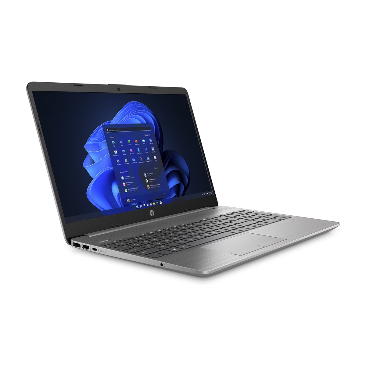 Un portátil plateado con una pantalla negra que muestra el logotipo de Windows y otros iconos. Se ve el teclado.