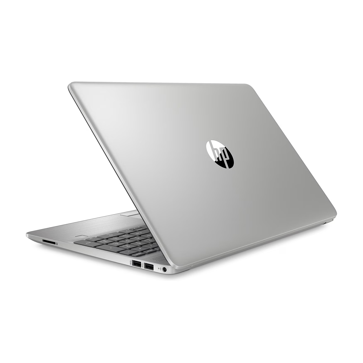 Laptop plateado, abierto, con logo HP y teclado visibles.