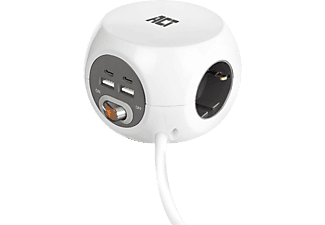 ACT hálózati elosztó, 3 aljzat, 2xUSB-A, 2xUSB-C töltőport, kapcsoló, 1,5 méter kábel, fehér (AC2415)