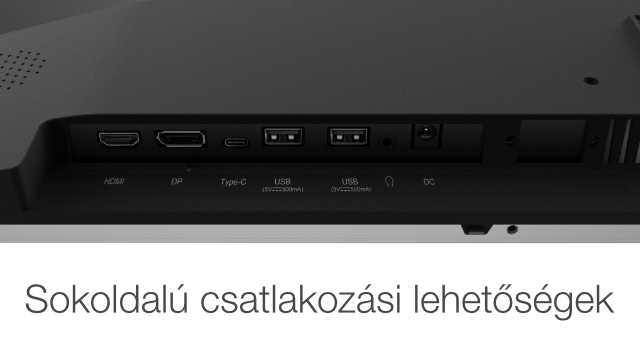 A monitor hátlapjának közeli képe, HDMI, DP, C-típusú, USB és DC portokkal.