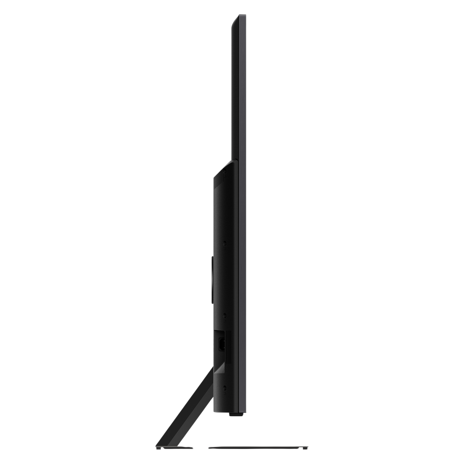 Zijaanzicht van een zwarte tv. Het scherm is uit, alleen het zijprofiel is te zien.