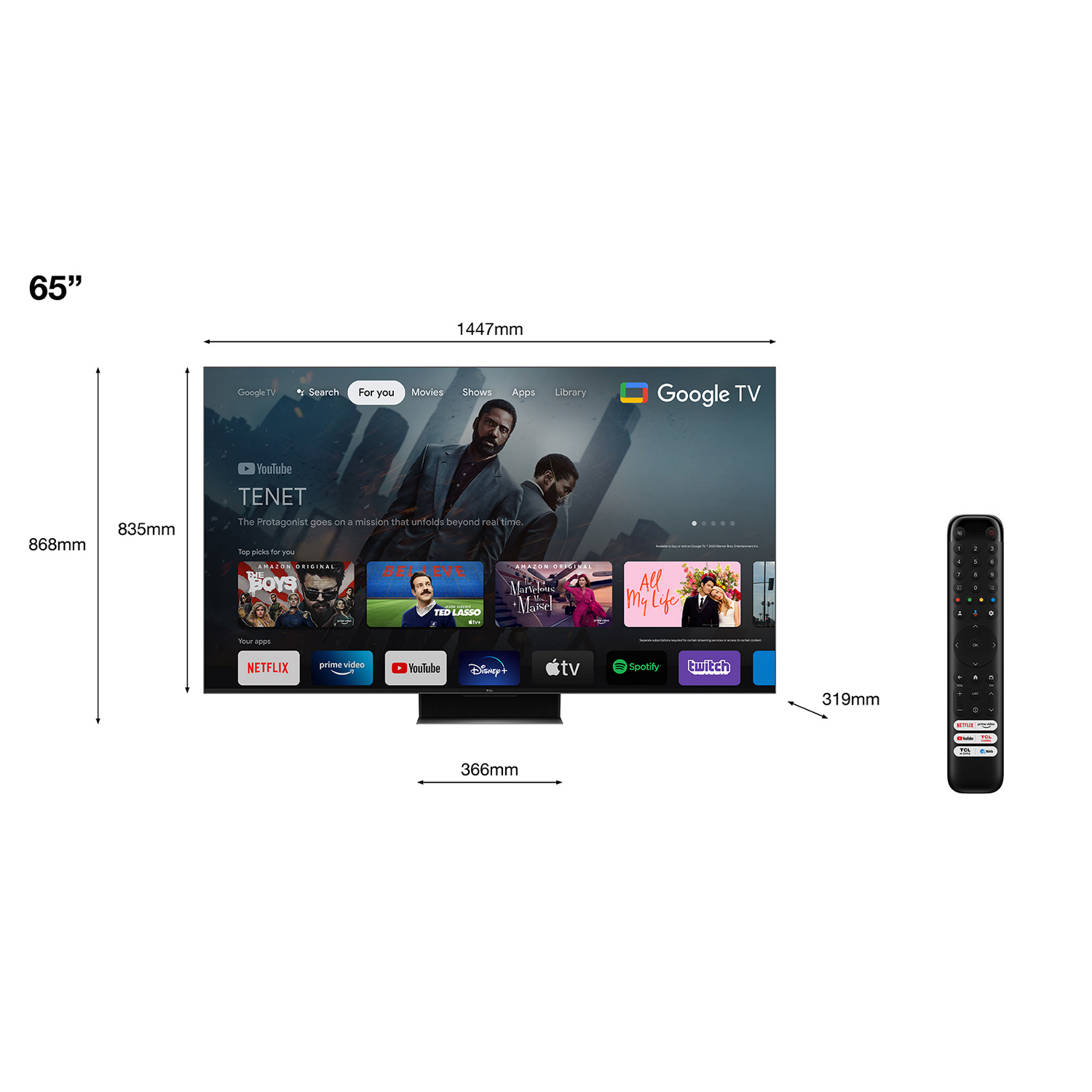 65-inch tv met afmetingen en afstandsbediening.